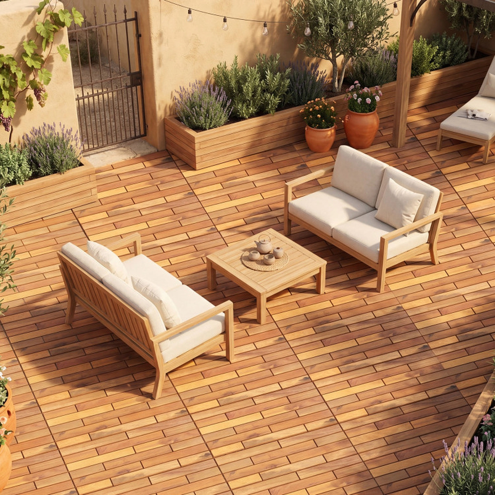 SUGIFT 24 x 12-in Acacia Wood Interlocking Deck Tiles Mat 500-lb Capacity 12-Piece Set Waterproof Design Natural