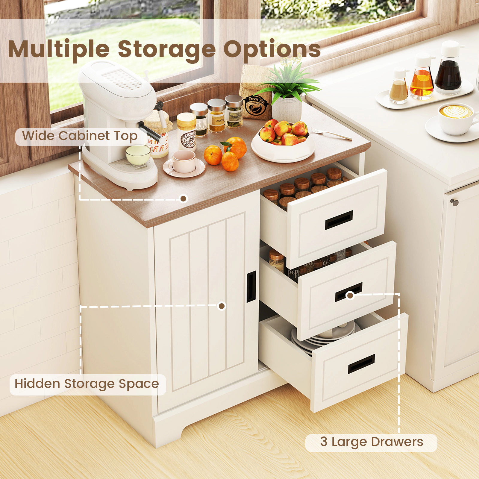 Glintex 31.5-Inch Farmhouse Sideboard with Sliding Doors and 3 Drawers, Ivory & Oak