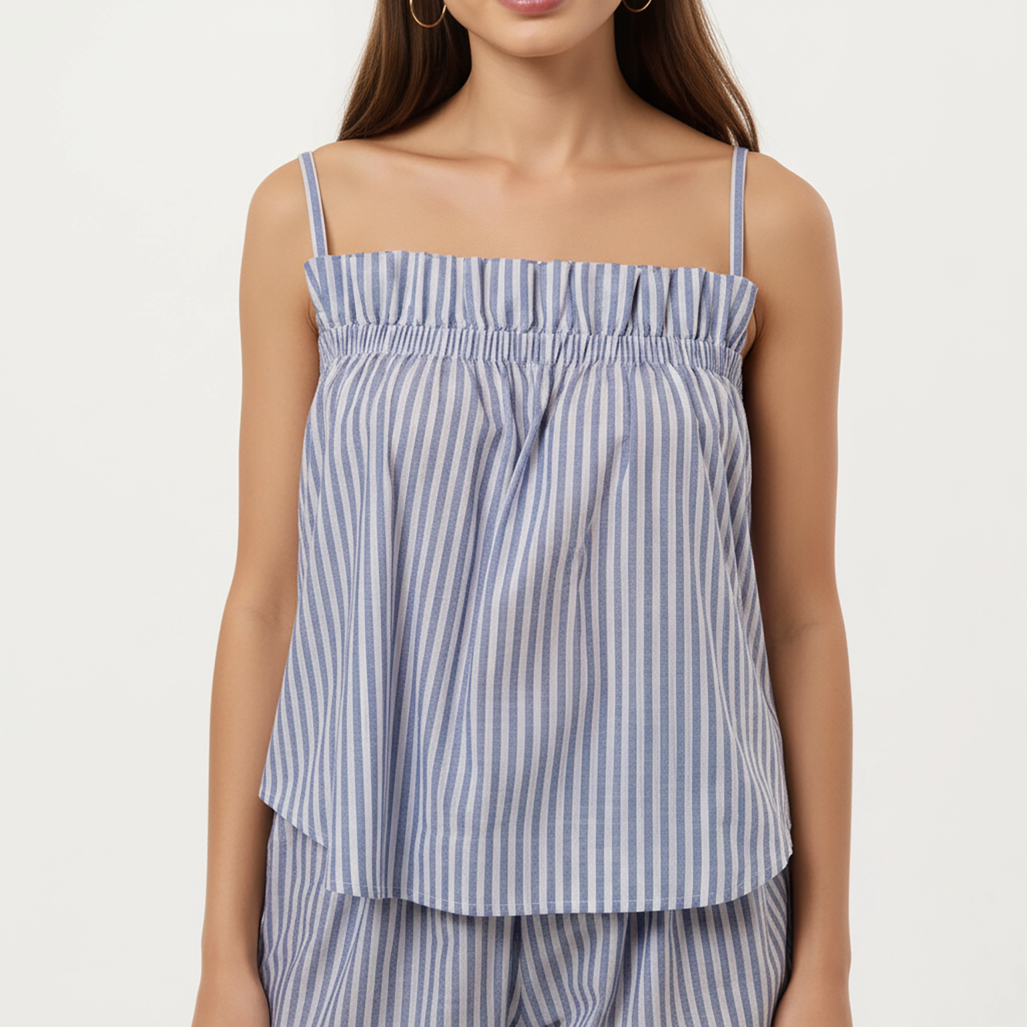 Anna-Kaci Women's Striped Pajama Set with Ruffle Trim Cami Top and Casual Fit Shorts
