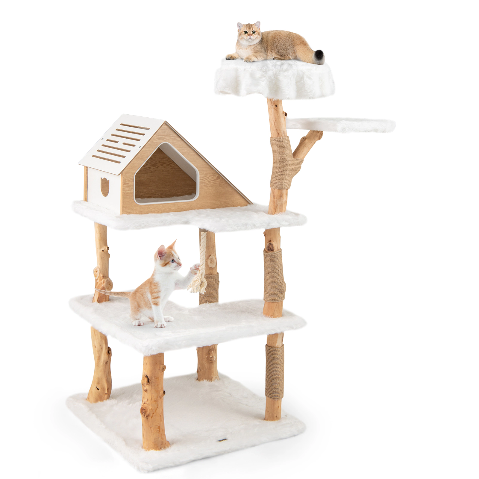 SUGIFT 60-in Solid Wood Modern Cat Tree Tower with Pear Wood Trunks 2 Perches and Vented Condo for Cats