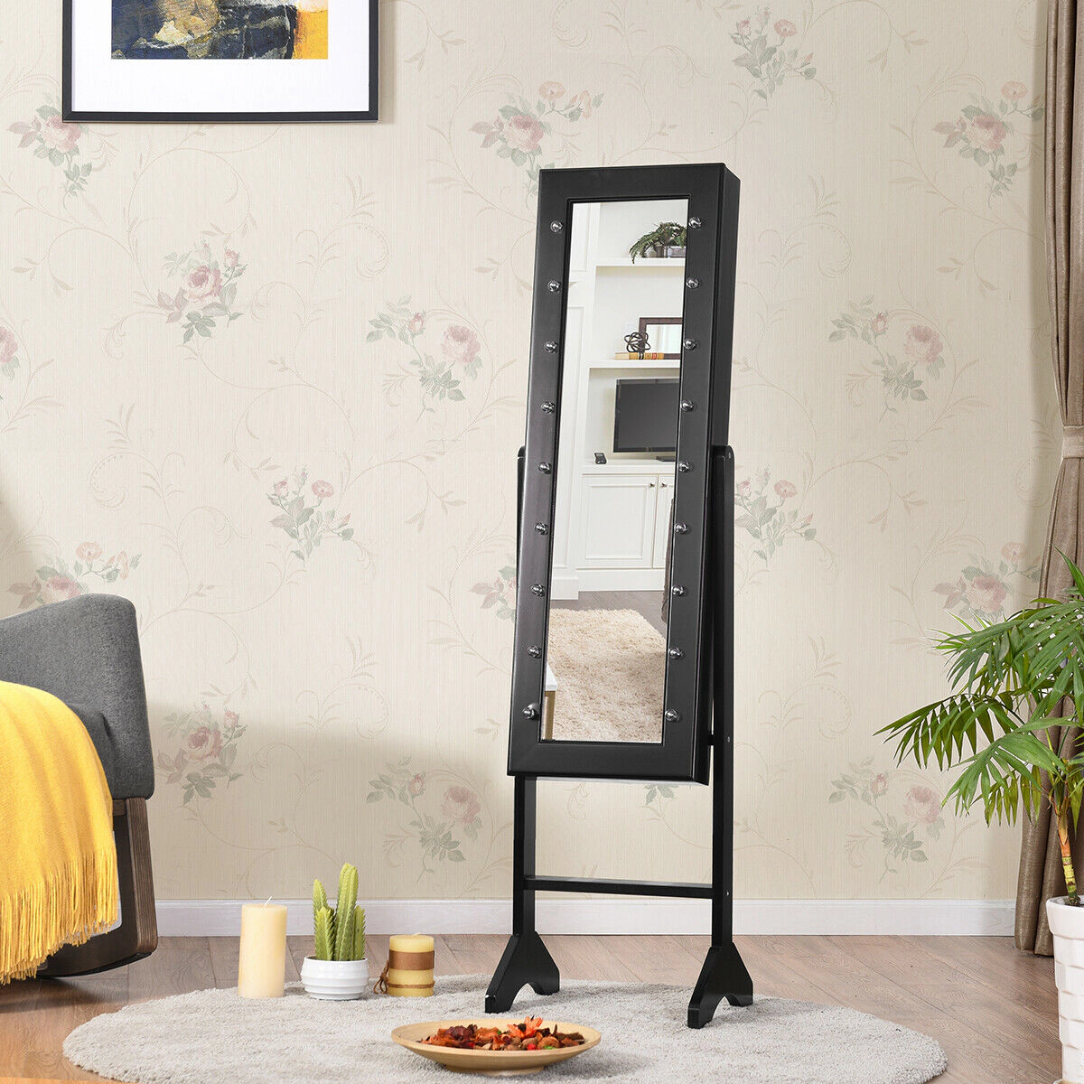 SUGIFT Free Standing Mirrored Jewelry Cabinet Armoire Organizer with LED Lights 57-in Tall Black
