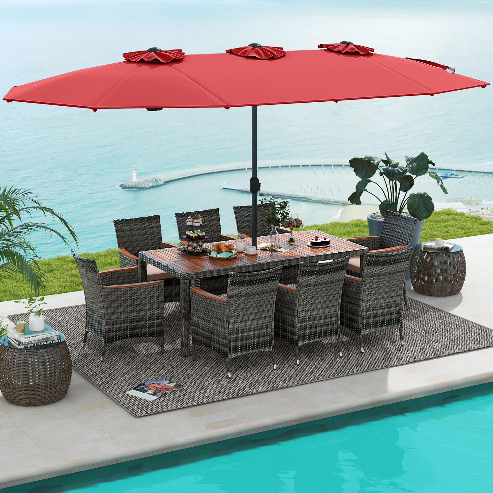SUGIFT Red 15 Feet Double-Sided Umbrella and Base 10-Piece Patio Wicker Dining Set