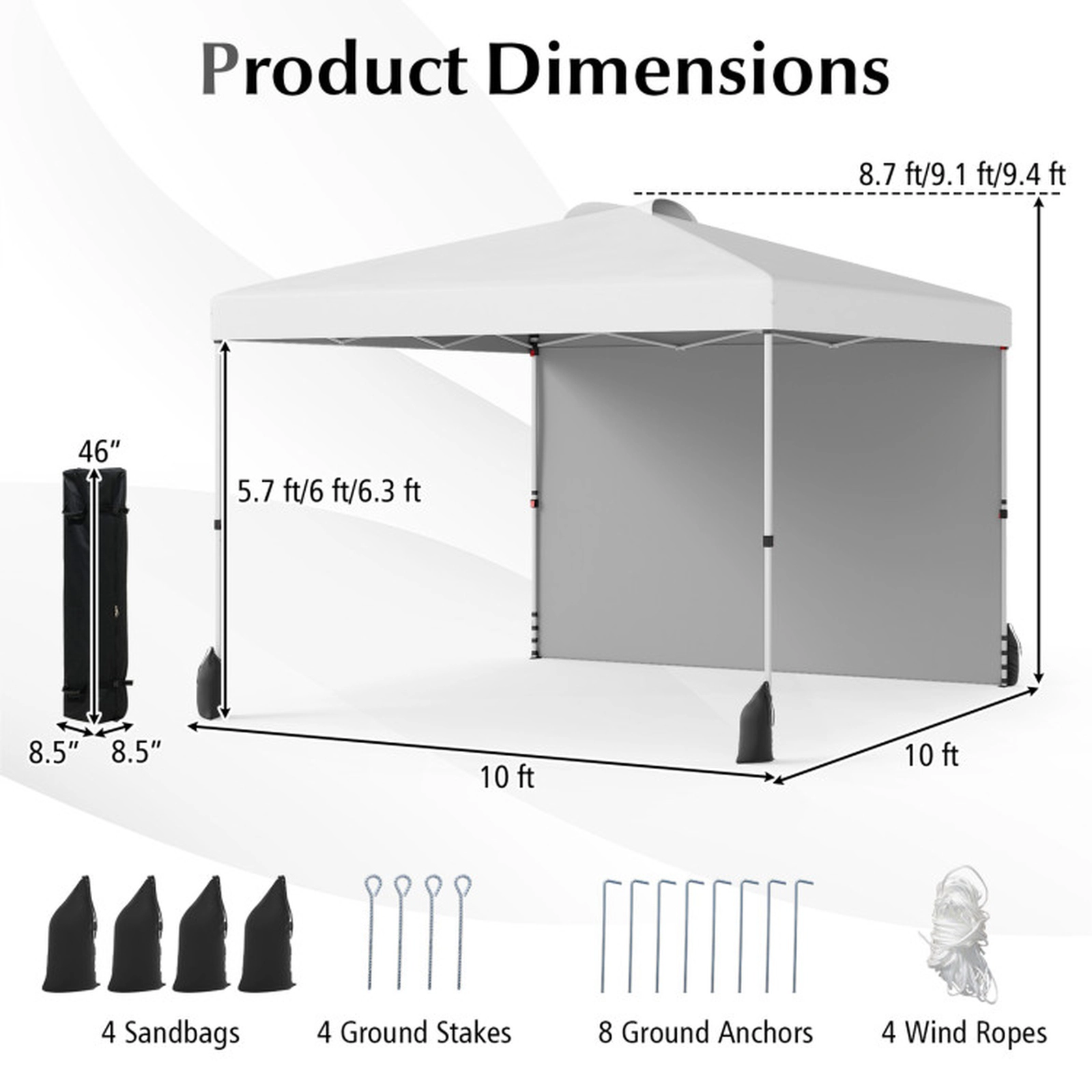 SUGIFT 10 x 10Pop Up Canopy Gazebo Tent with 1 Sidewall, Wheeled Bag, Stakes, Ropes and Sandbags 34-lb Net Weight White