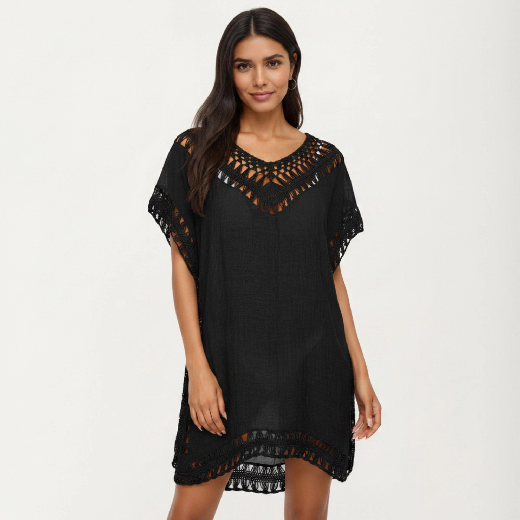 Anna-Kaci Women's Swim Cover Up Dress with Crochet Trim Short Sleeves Lightweight Beach Caftan
