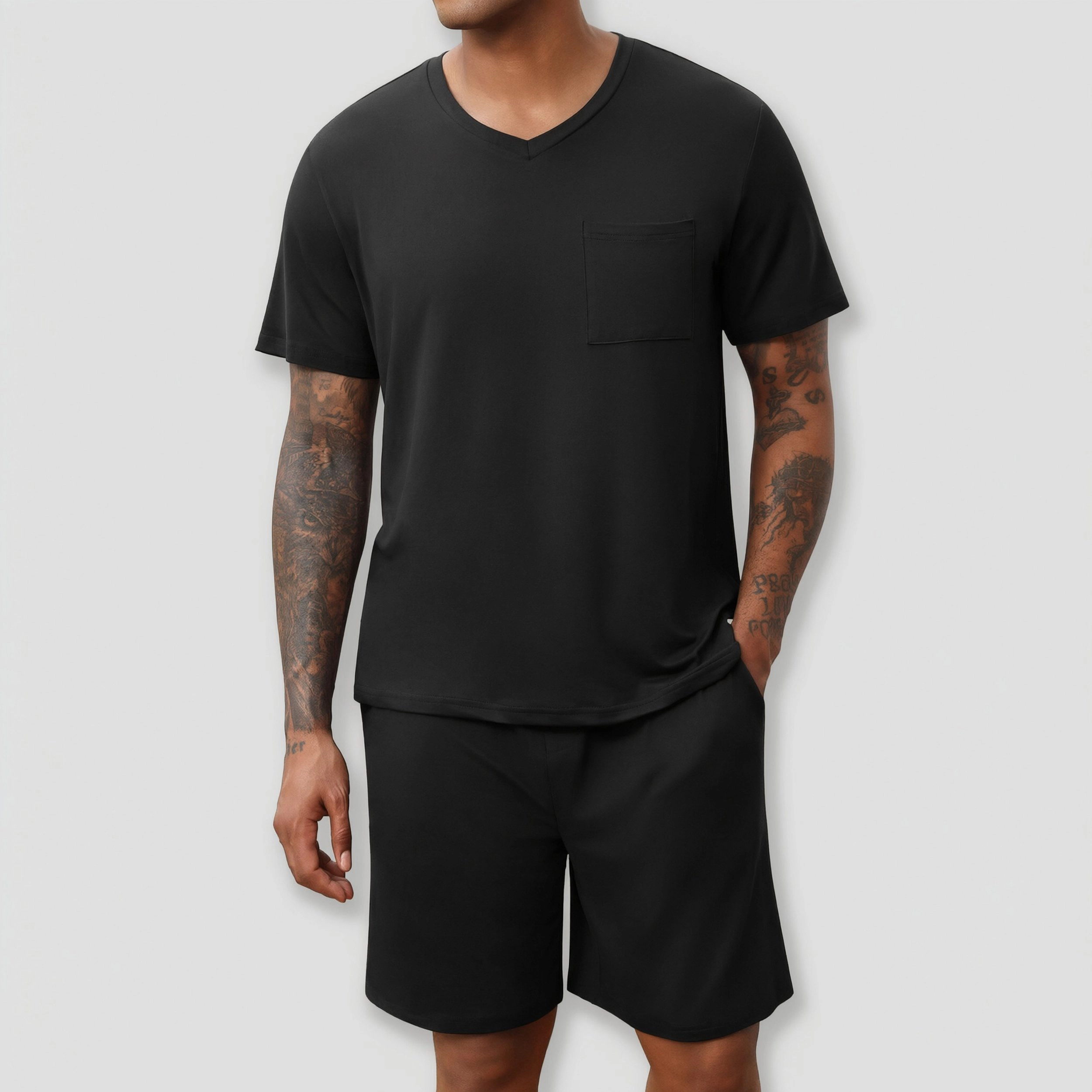Ekouaer Mens Pajamas Set Soft Lounge V Neck Sleep Nightwear Short Sleeve Pjs with Pocket