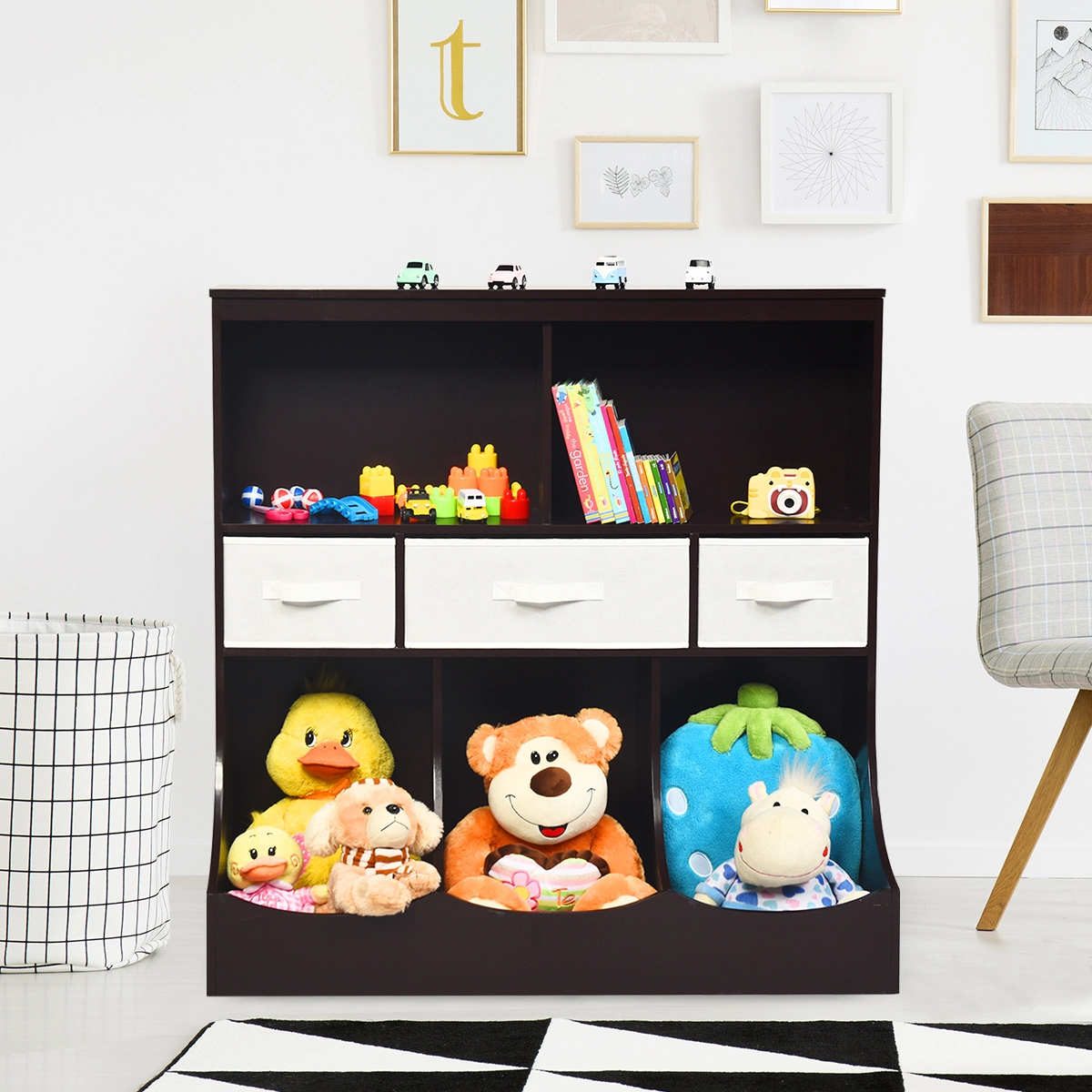 SUGIFT Freestanding Combo Cubby Bin Toy Storage Organizer with 3 Baskets 66-lb Top Capacity Brown/Gray/White