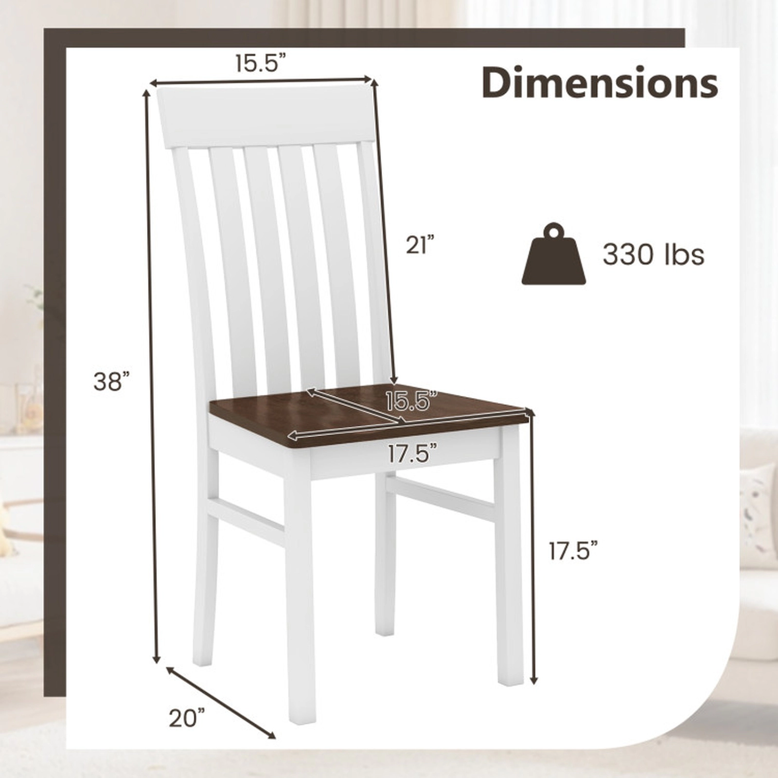 SUGIFT Set of 2 Slatted High-Back Armless Wood Dining Chairs, White and Walnut