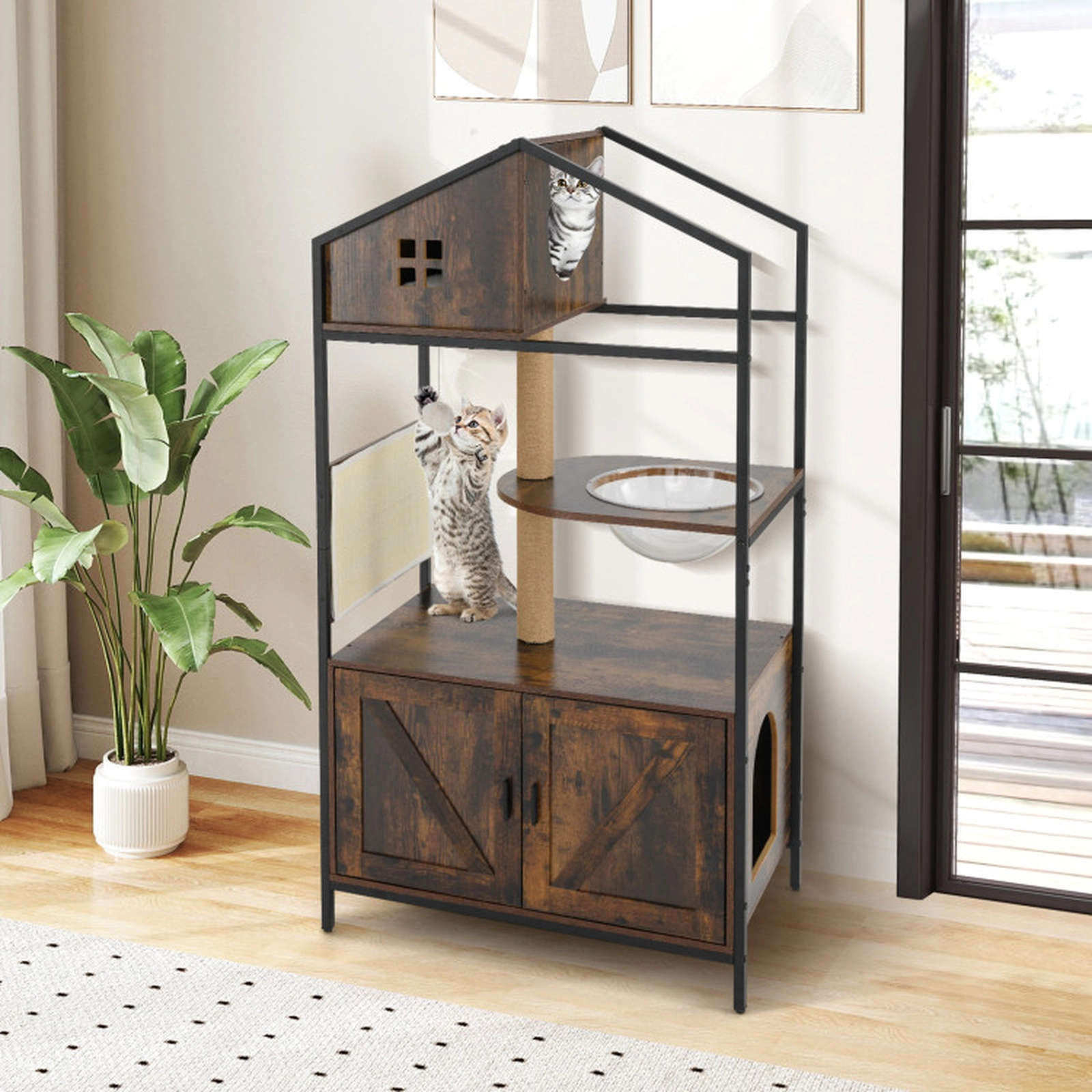SUGIFT Rustic Brown Cat Tree with Litter Box Enclosure and Industrial Metal Frame