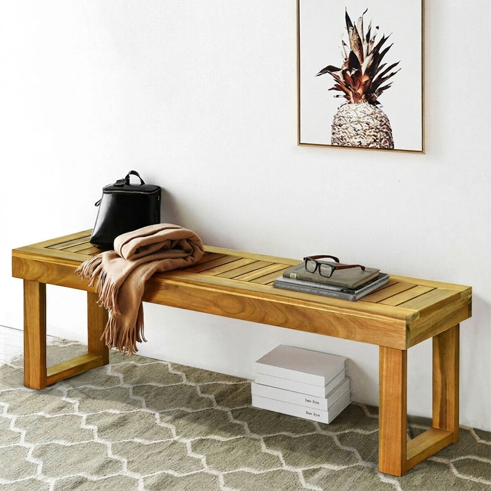 SUGIFT 52 in Acacia Wood Dining Bench Teak Tone with Slatted Seat for Patio and Kitchen