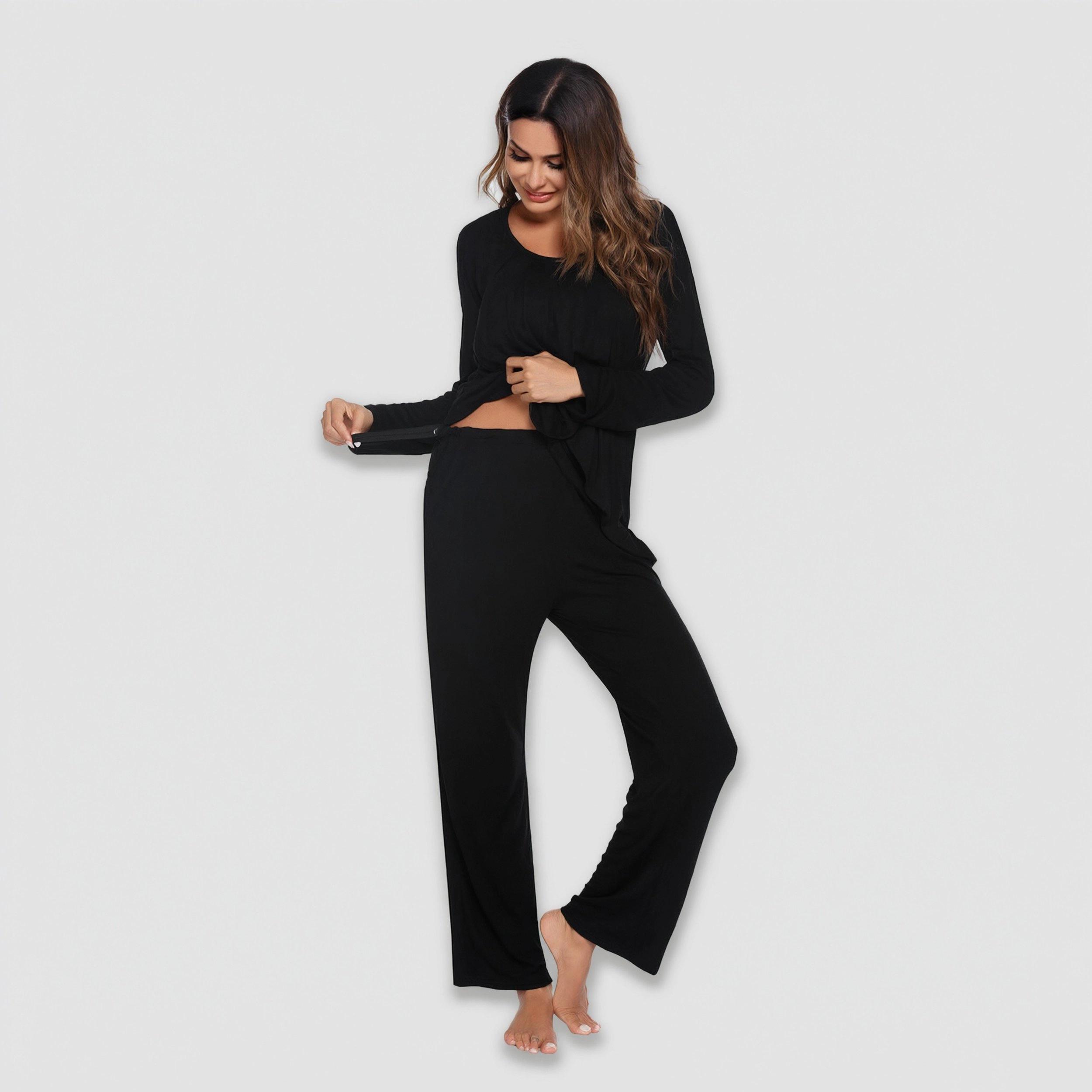Ekouaer Maternity Nursing Pajama Set Long Sleeve Top & Pants Breastfeeding Double Layer Pregnancy