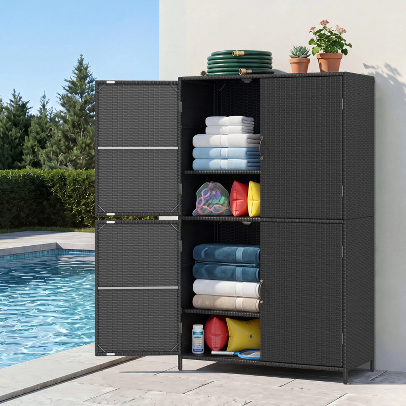 SUGIFT 4-Door Adjustable Shelves Hand-Woven PE Rattan Vertical Storage Shed 35.5-in x 16-in x 58-in 80-lb Shelf Black