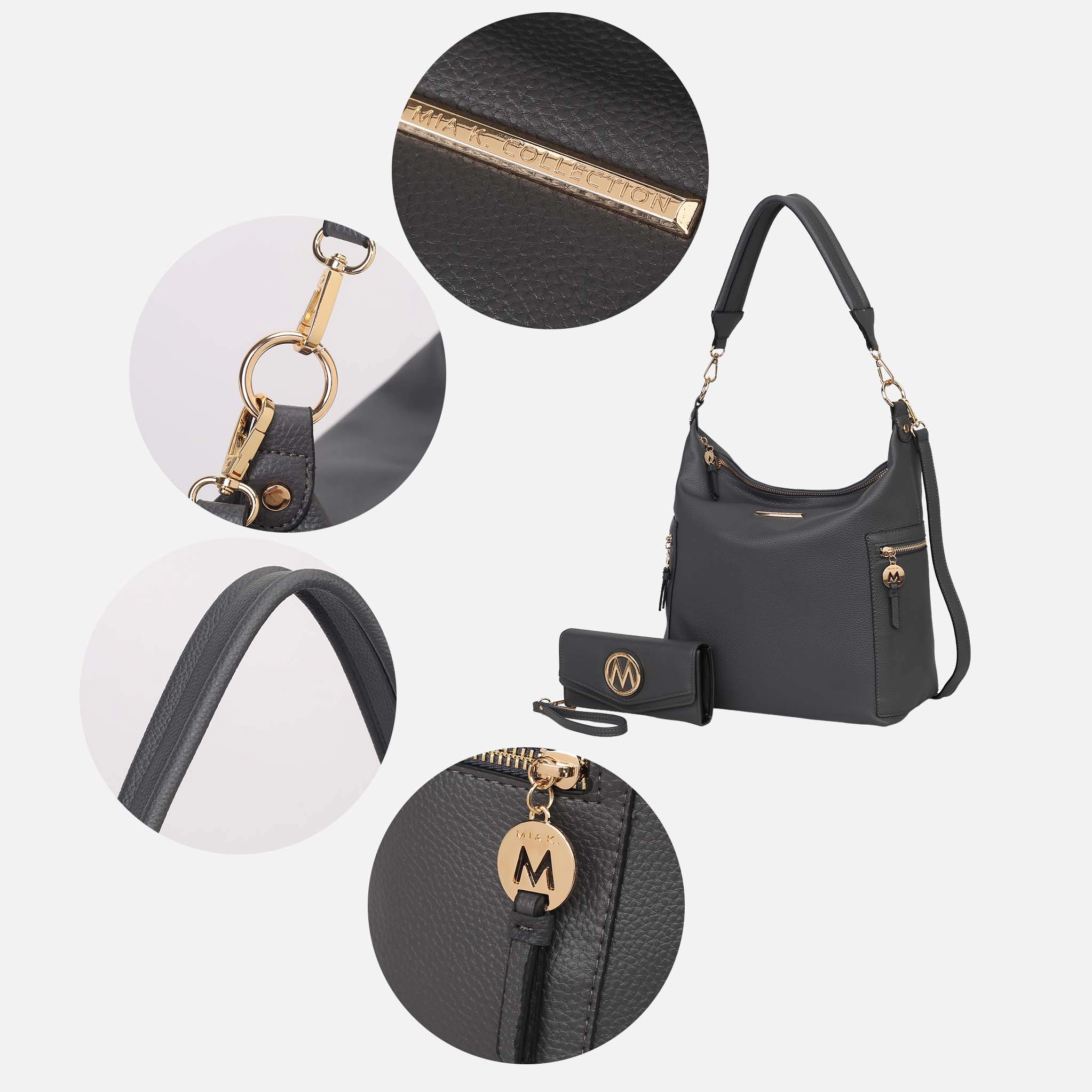 Mia K Collection Ophelia Pebbled Vegan Leather Hobo Bag with Matching Wallet