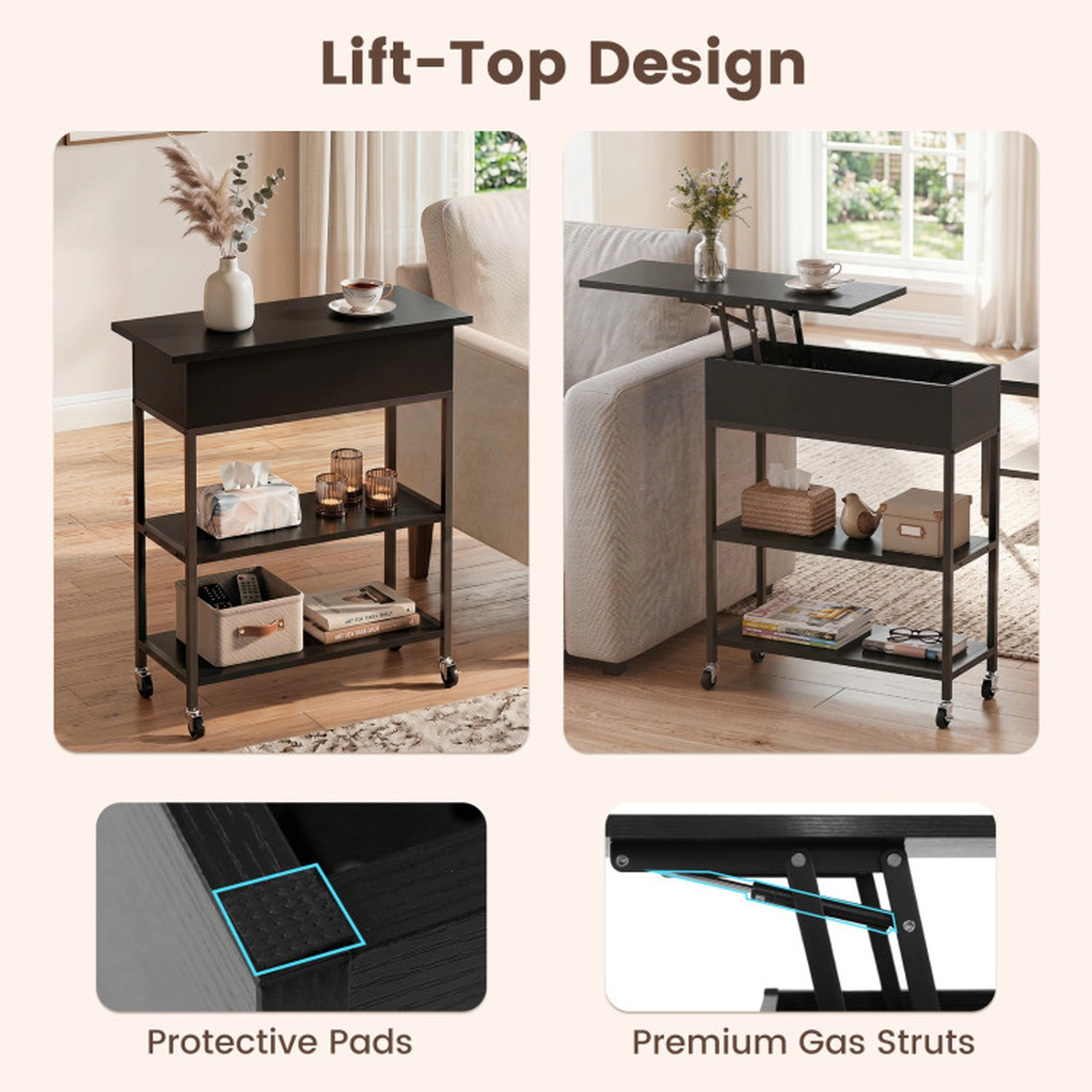 SUGIFT Lift Top End Table with Charging Station and Universal Wheels 121-lb Capacity Black/Rustic Brown