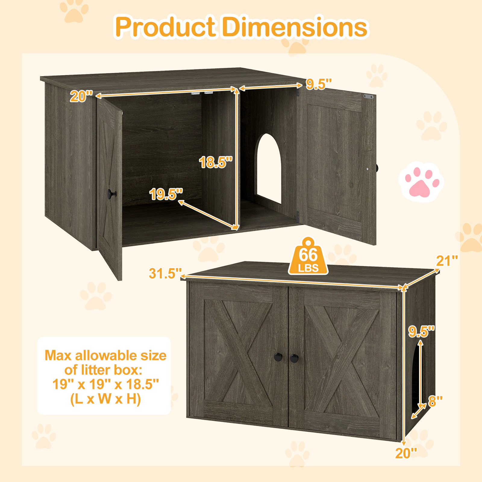 SUGIFT 31.5 x 20-in 66-lb Capacity Oak Hidden Cat Litter Box Enclosure Furniture with Divider and Dual Doors