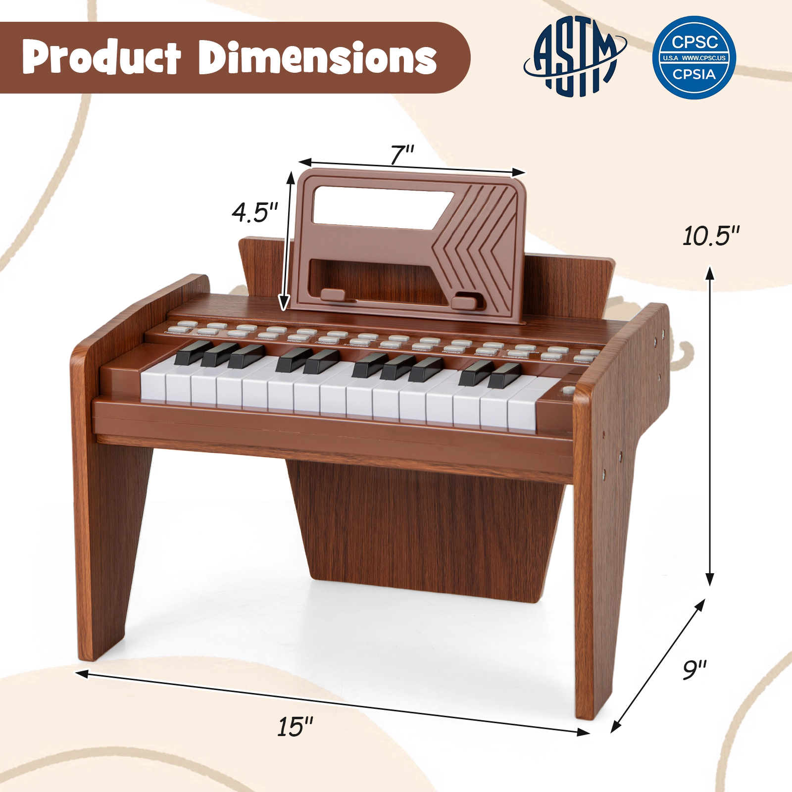 SUGIFT Kids Brown 25-Key Upright Toy Piano with Music Stand and Chord Support 15-in W 9-in D 10.5-in H Ages 3+