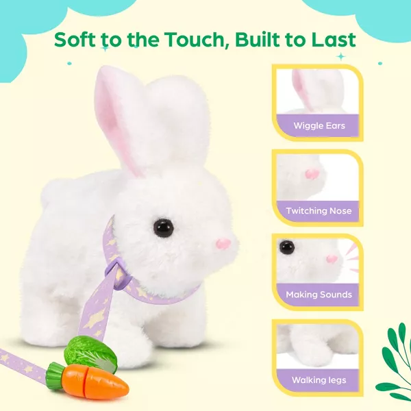 Sperric Interactive Easter Plush Bunny w/ Carrot Cabbage & Spinner Egg, 6'' Walking Plush Bunny w/ Sounds Twitching Ears
