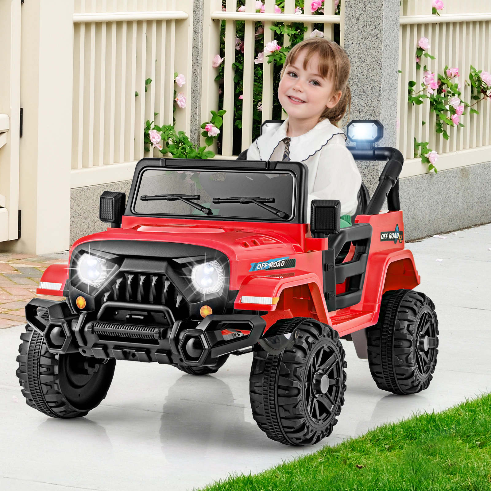 12V Kids Ride on Truck Parent Remote 3 Speeds Openable Doors LED Headlights Safety Belt Music Ages 3+ 66-lb Capacity