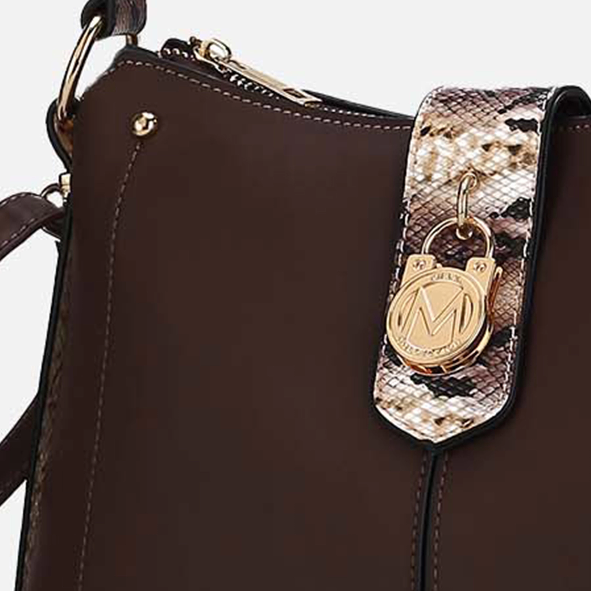 Mia K Collection Ezra Shoulder Bag - Vegan Leather, Snake-Embossed Trim, Removable Strap