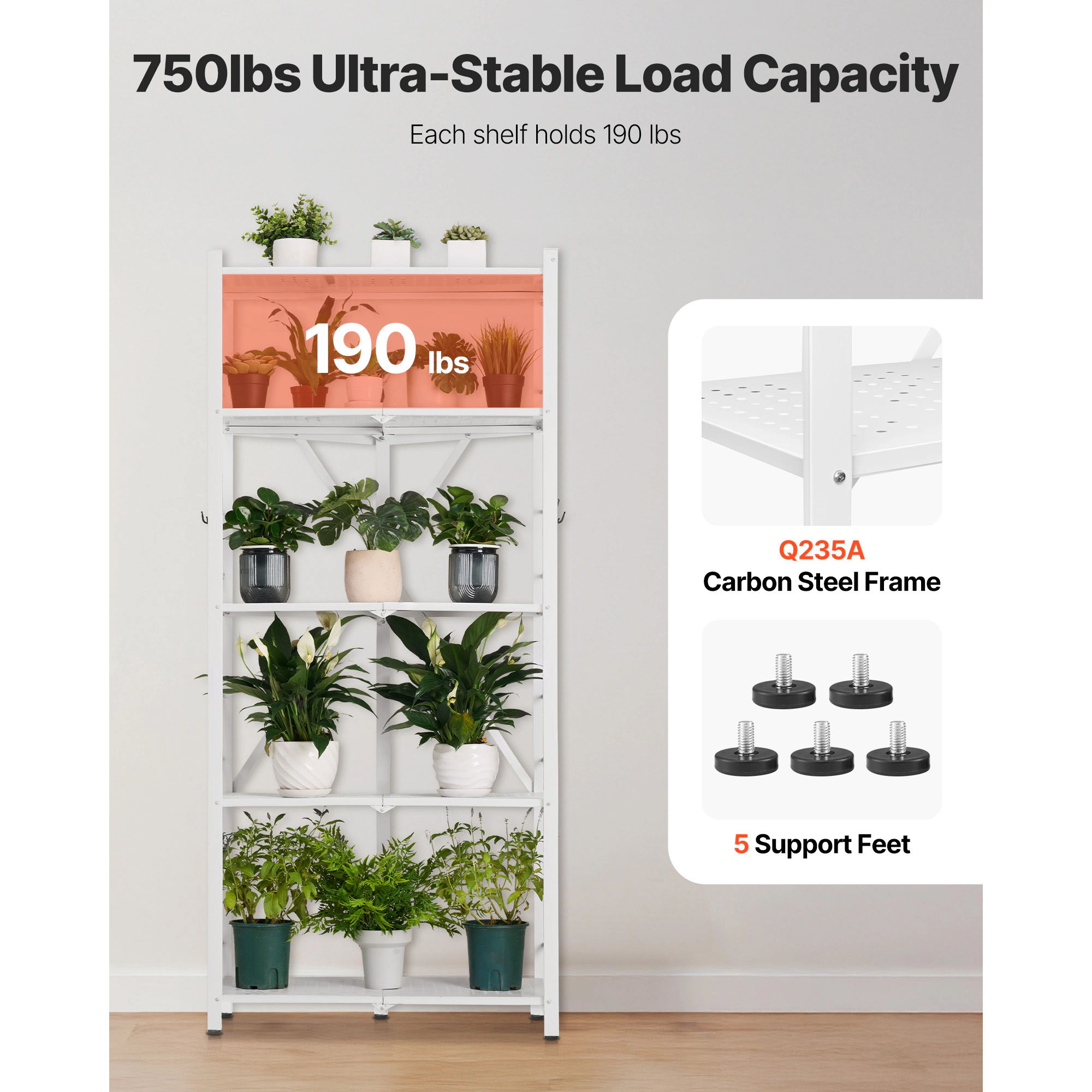 HONGGE Foldable Storage Shelf Folding Metal Rack Shelving Unit No Assembly Organizer Shelf with 5 Wheels & 4 Hooks for