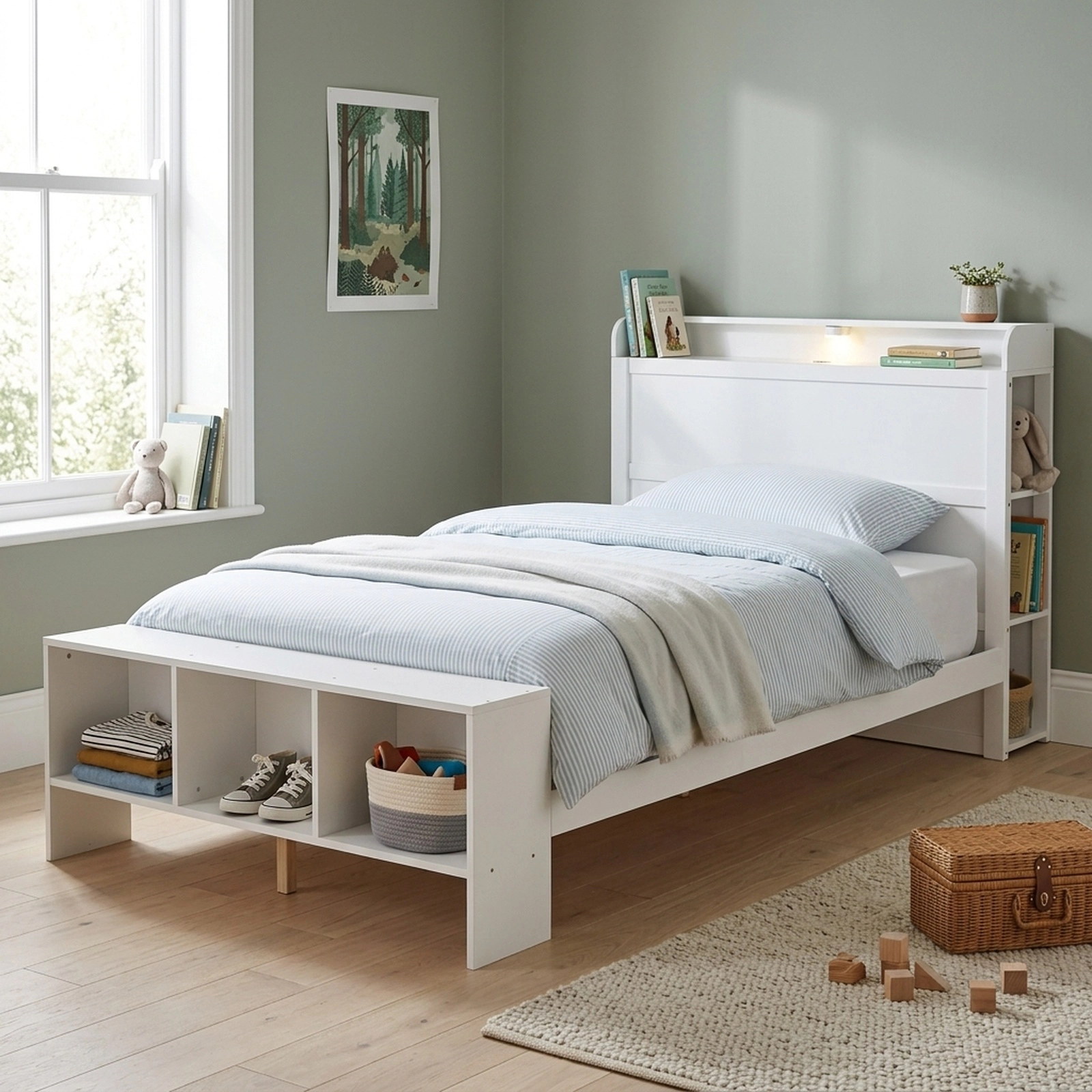SUGIFT Full-Size Platform Bed Frame with Storage Cubes, LED Lights, USB Ports, White