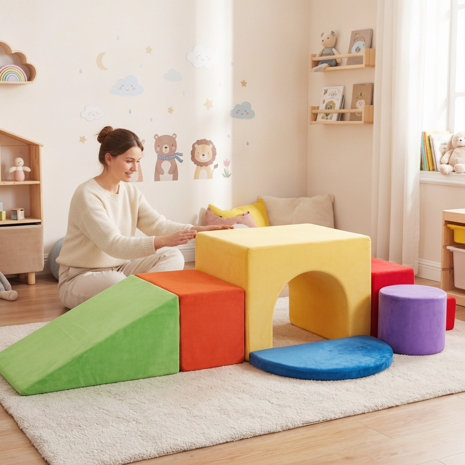 6-Piece Foam Climbing Blocks Soft Play Set with Slide Arch Tunnel and Cushion Velvet Toddler Climbing Toys Red