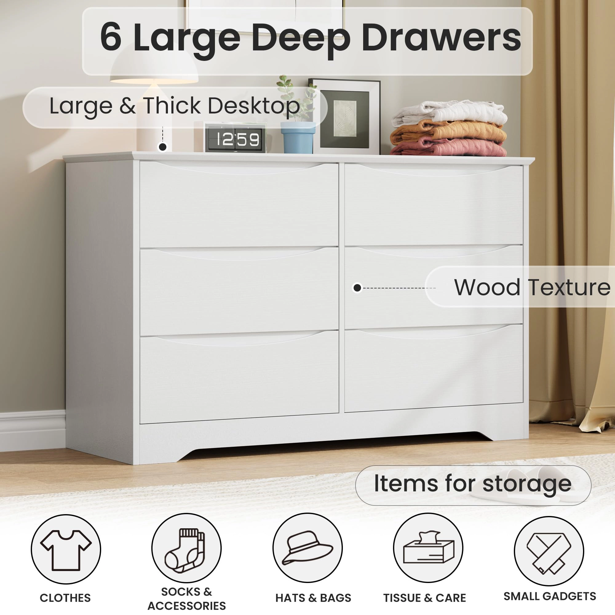 6 Drawer Modern Dresser with Hidden Handles, 47" Wide Large Double Storage Chest for Bedroom Living Room Hallway
