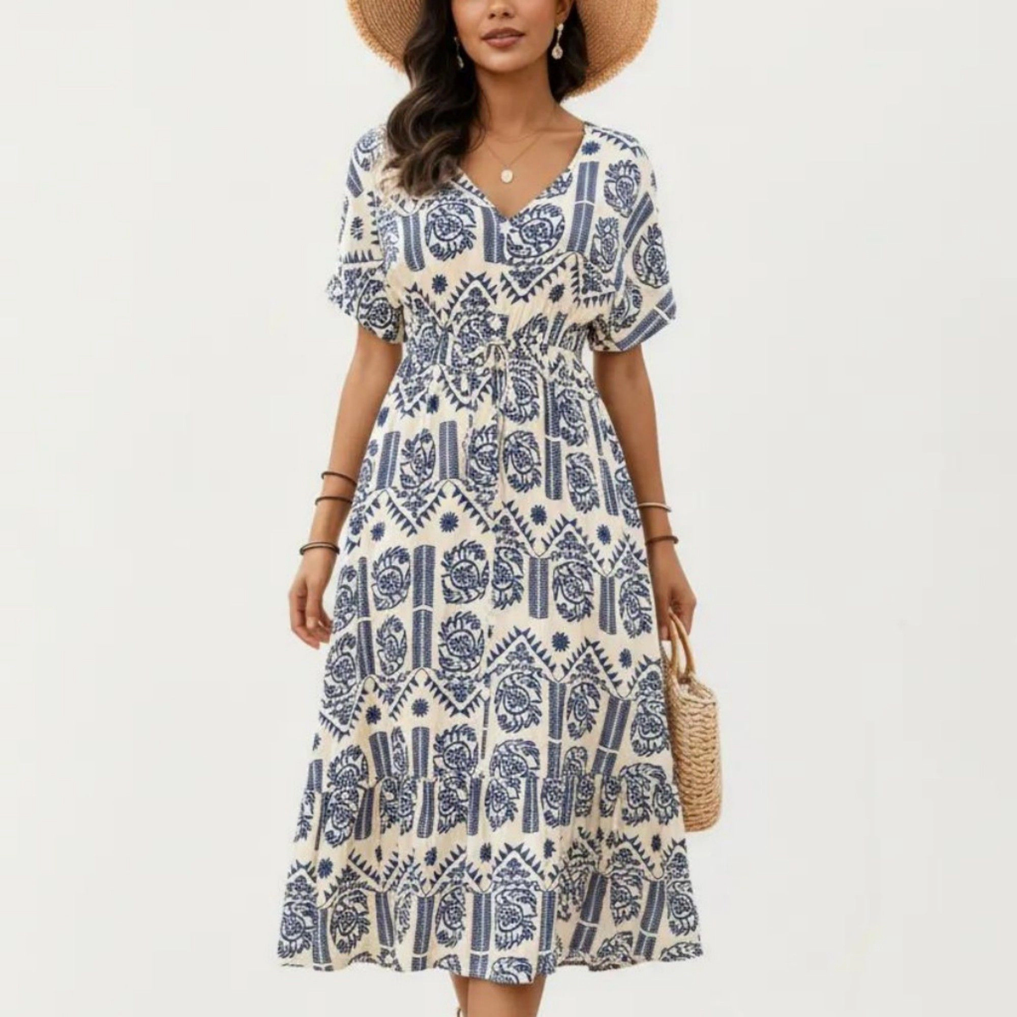 Anna-Kaci Womens Printed V-Neck Drawstring Waist Tiered Midi Dress