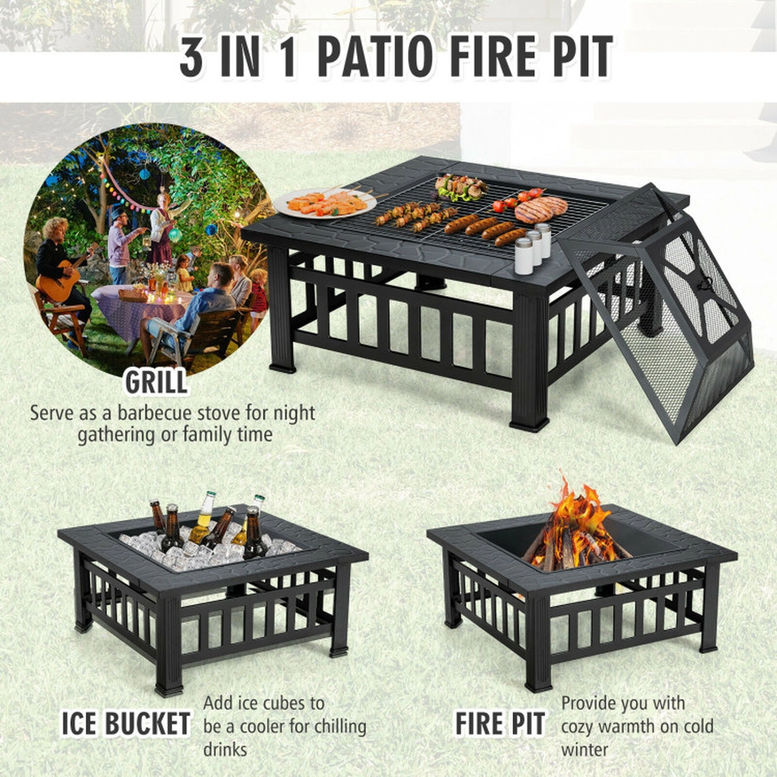SUGIFT 3-in-1 Square Black Fire Pit Table with Grill Grate 32-in W 32-in D 19.5-in H 22-lb Fire Bowl Capacity