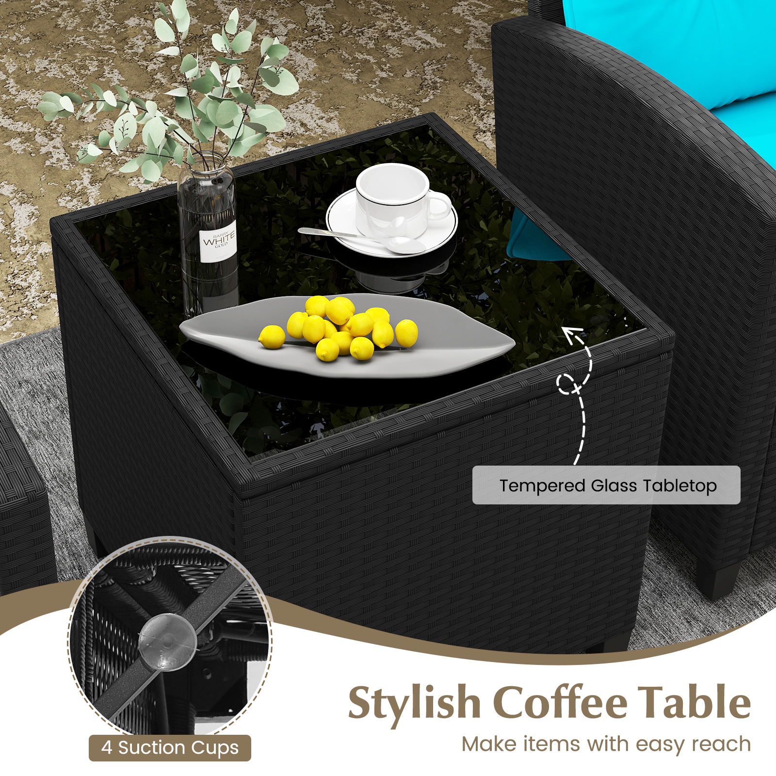 SUGIFT 3-Piece Black Rattan Patio Conversation Set with 2 Cushioned Chairs and Tempered Glass Table