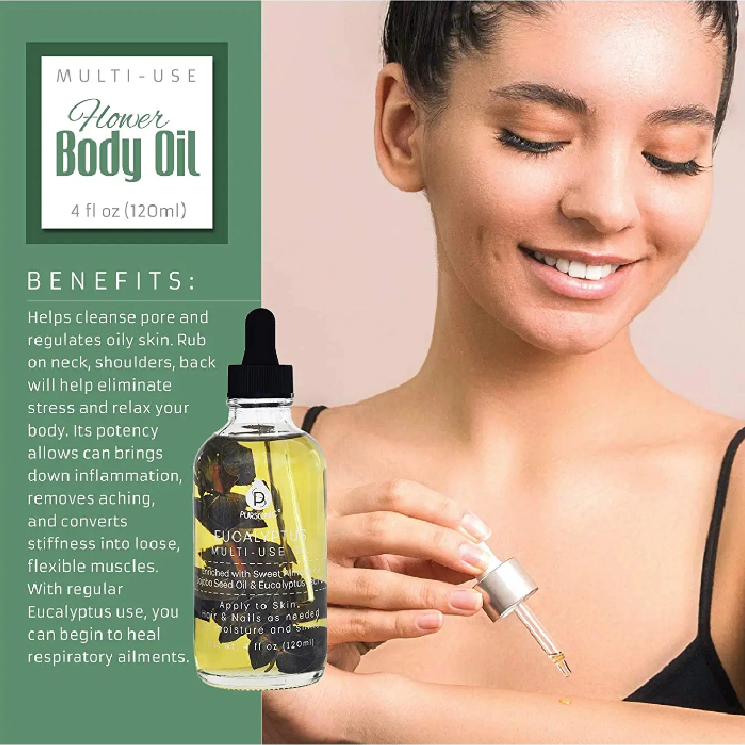 Pursonic Women's Floral Essence Multi-Use Body Oil Bundle with Lavender, Rose, Eucalyptus & Rosemary Botanical Oils for Skin, Hair & Nail Care
