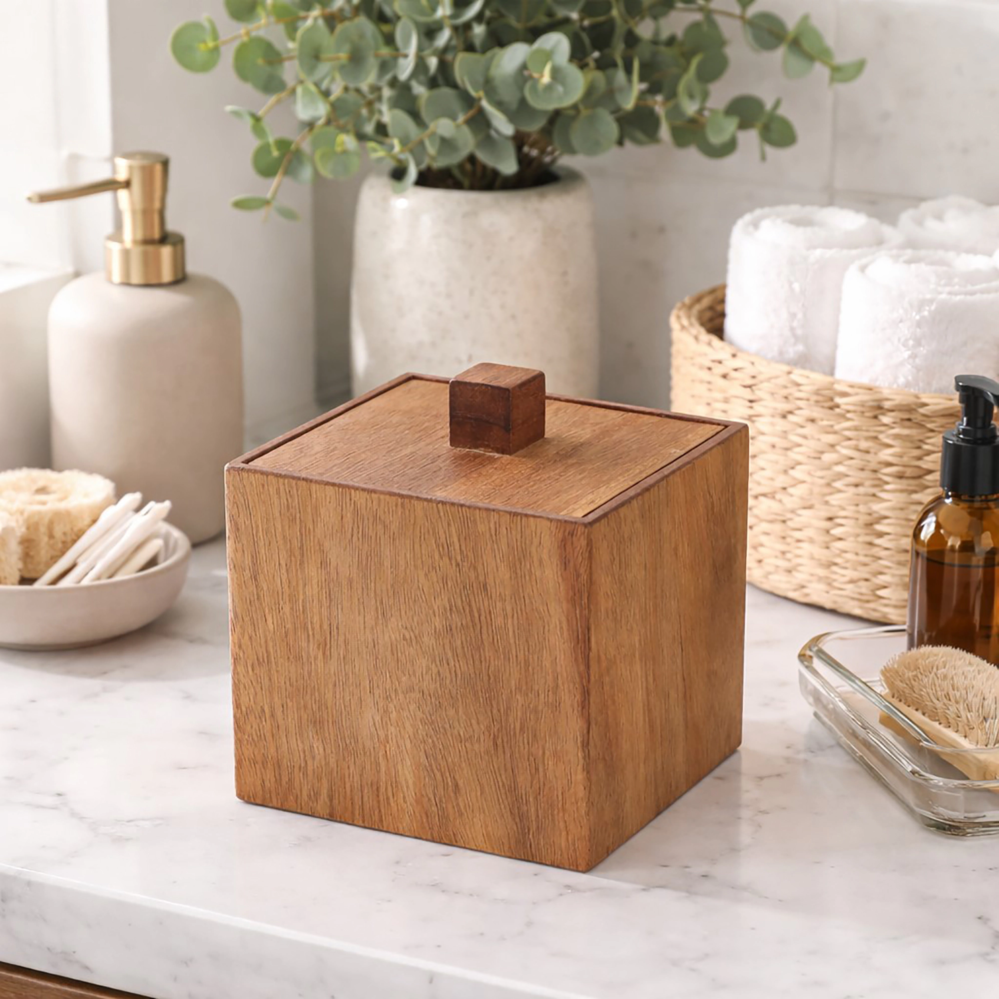 Evideco French Home Goods Acacia Wood Square Storage Box with Lid, 4 in