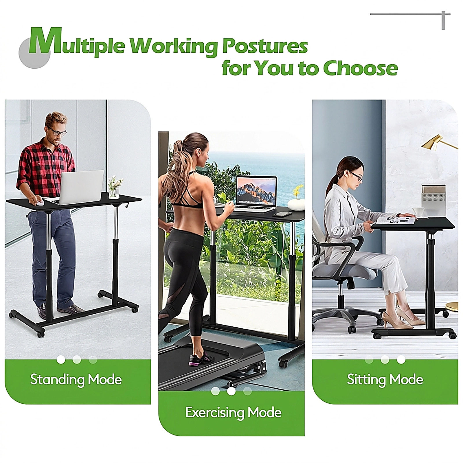 SUGIFT Height Adjustable Rolling Computer Desk 66-lb Capacity 37.5-in Work Surface Black White Brown Natural