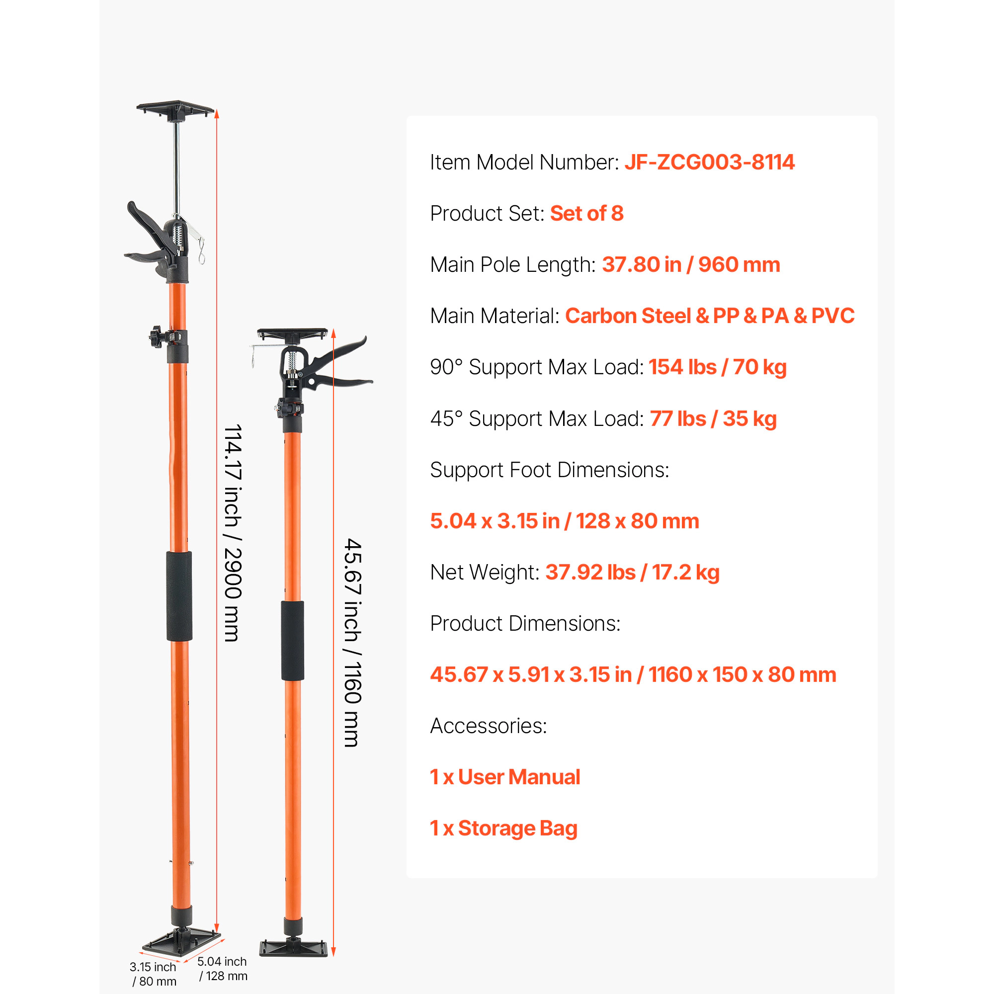 HONGGE Cabinet Jack Support Pole Steel Telescopic Quick Support Rod Adjustable 3rd Hand System for Installing Cabinets