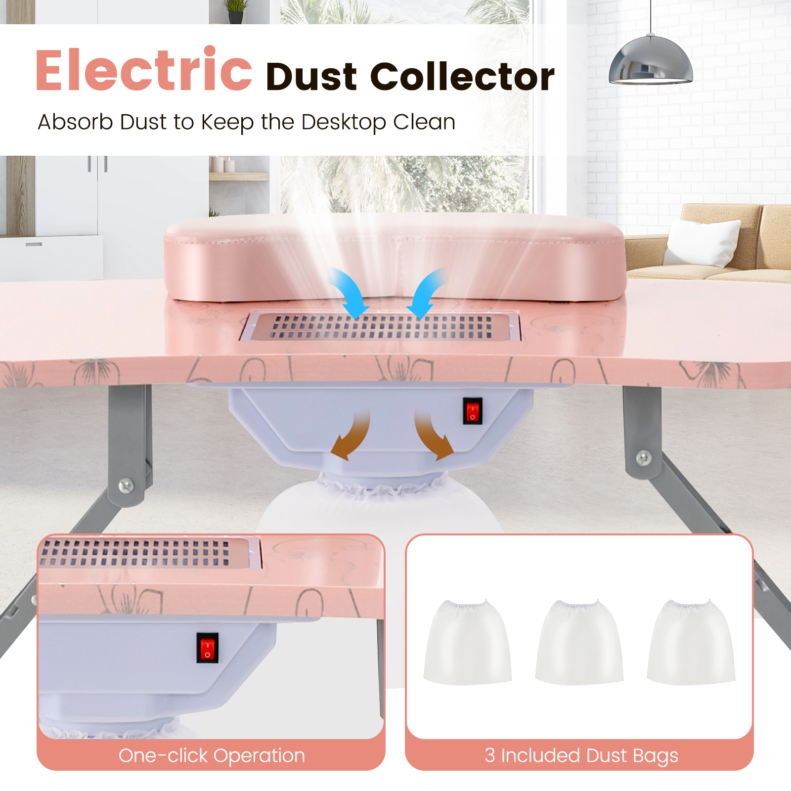 SUGIFT 66-lb Capacity Folding Manicure Table with Bendable USB LED Lamp Dust Collector and Carrying Bag