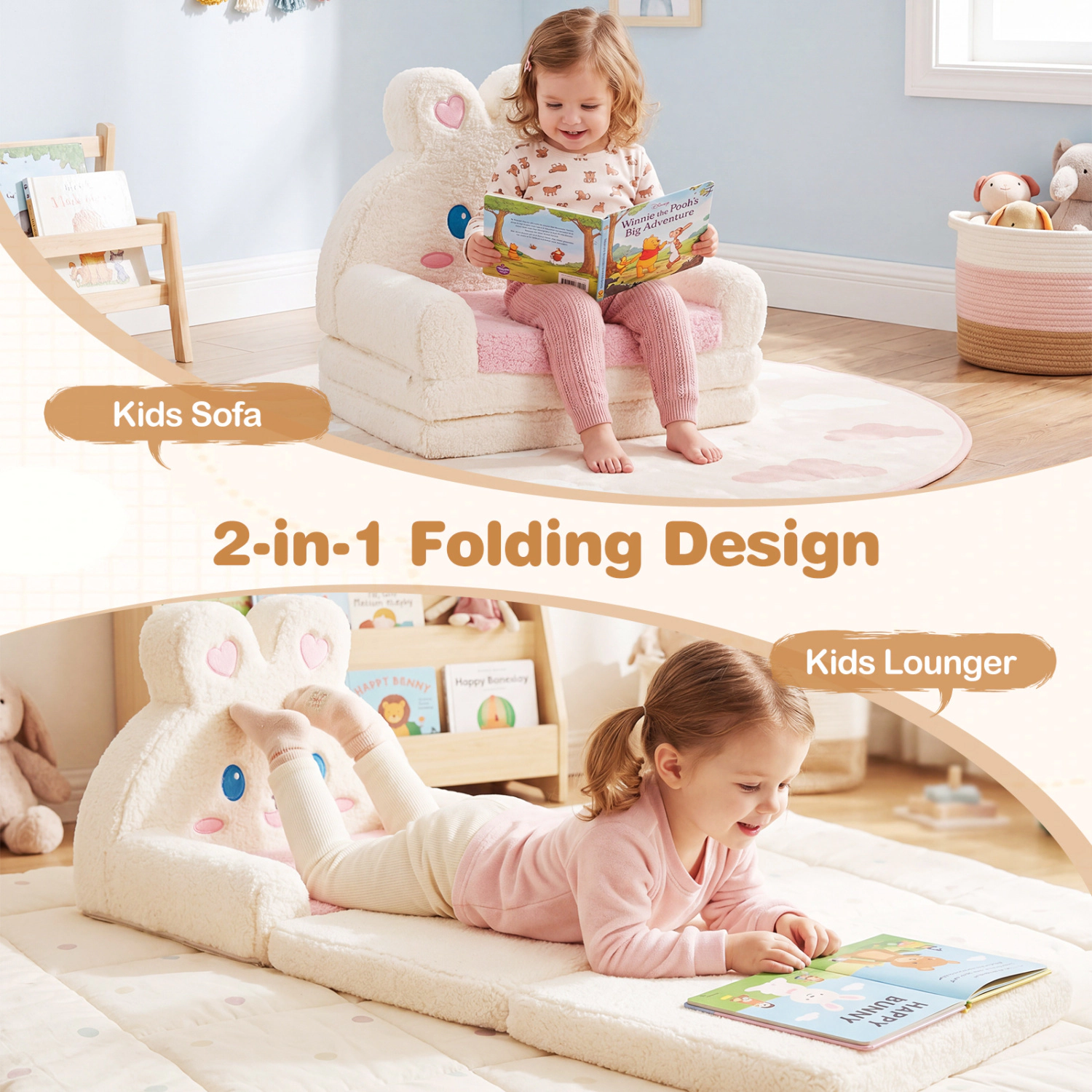 Hivvago 2-In-1 Convertible Kids Sofa To Lounger With Bunny Pattern