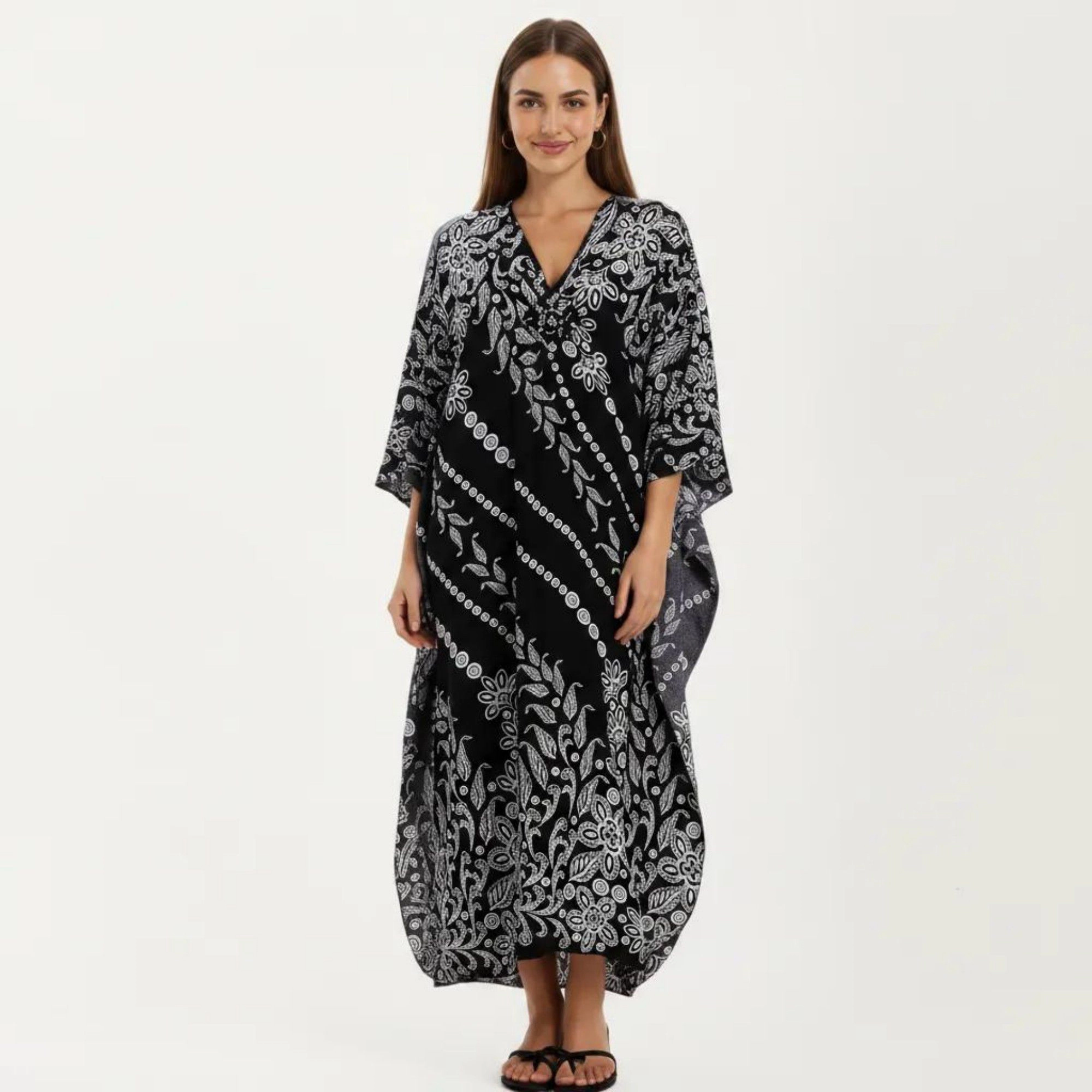 Anna-Kaci Women's Floral Print Kaftan Maxi Dress with V-Neck Button Front and Flowy Batwing Sleeves