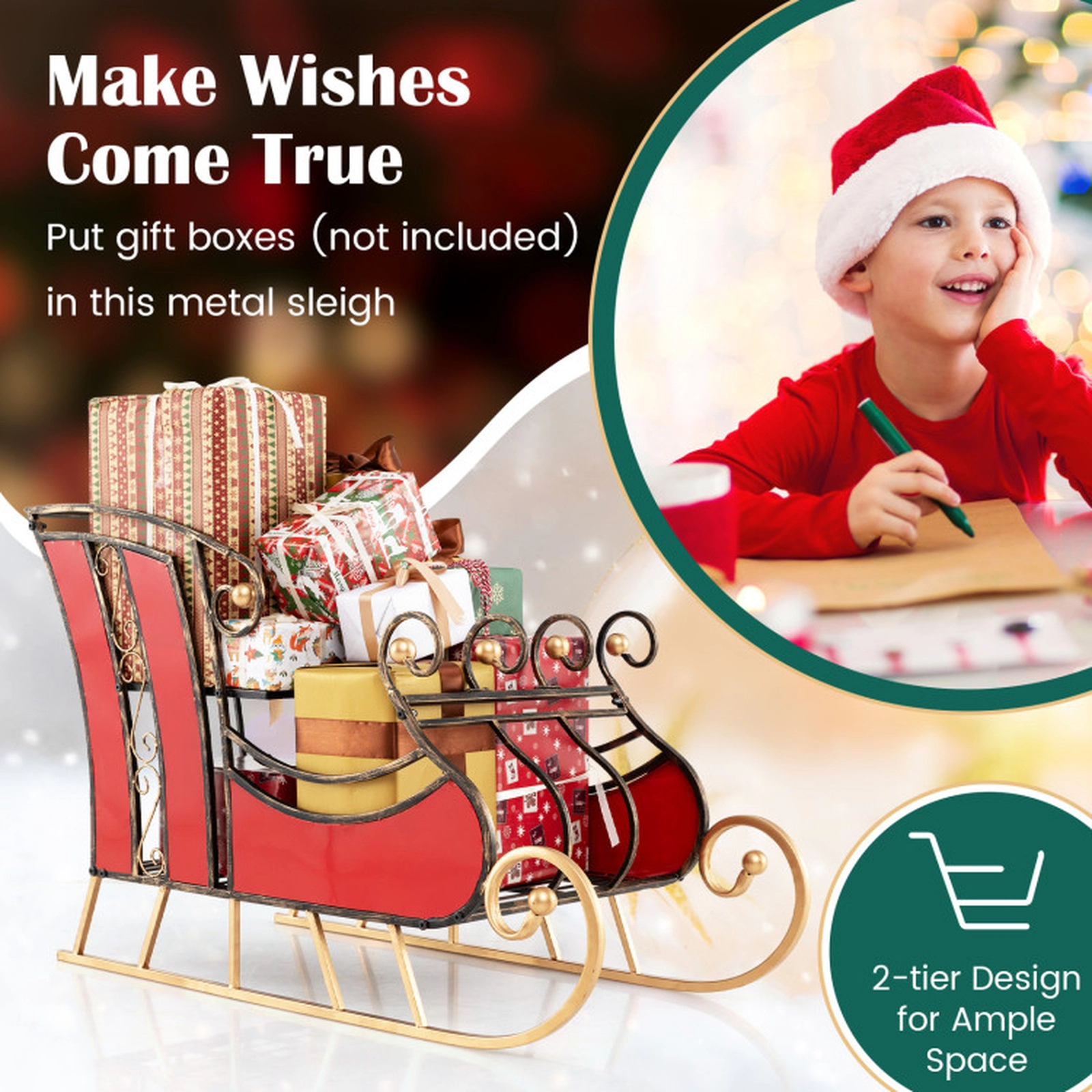 SUGIFT 3-Ft Red Metal Christmas Sleigh Decor with 2-Tier Storage Shelf 37-in W 16-in D 23-in H 22-lb Per Tier