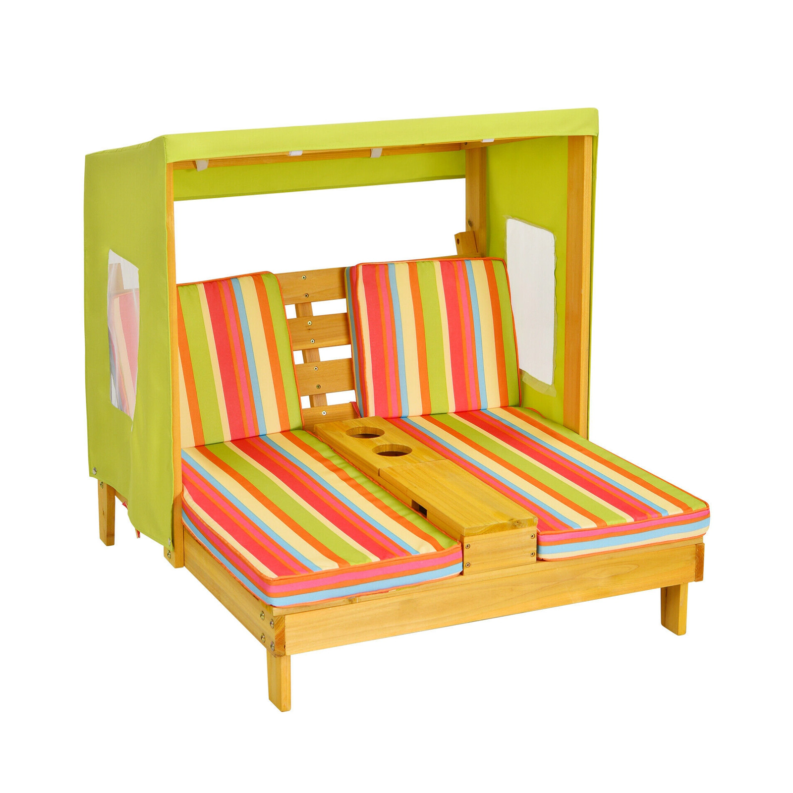 SUGIFT Cup Holders and Striped Awning Kids Double Patio Lounge Chair