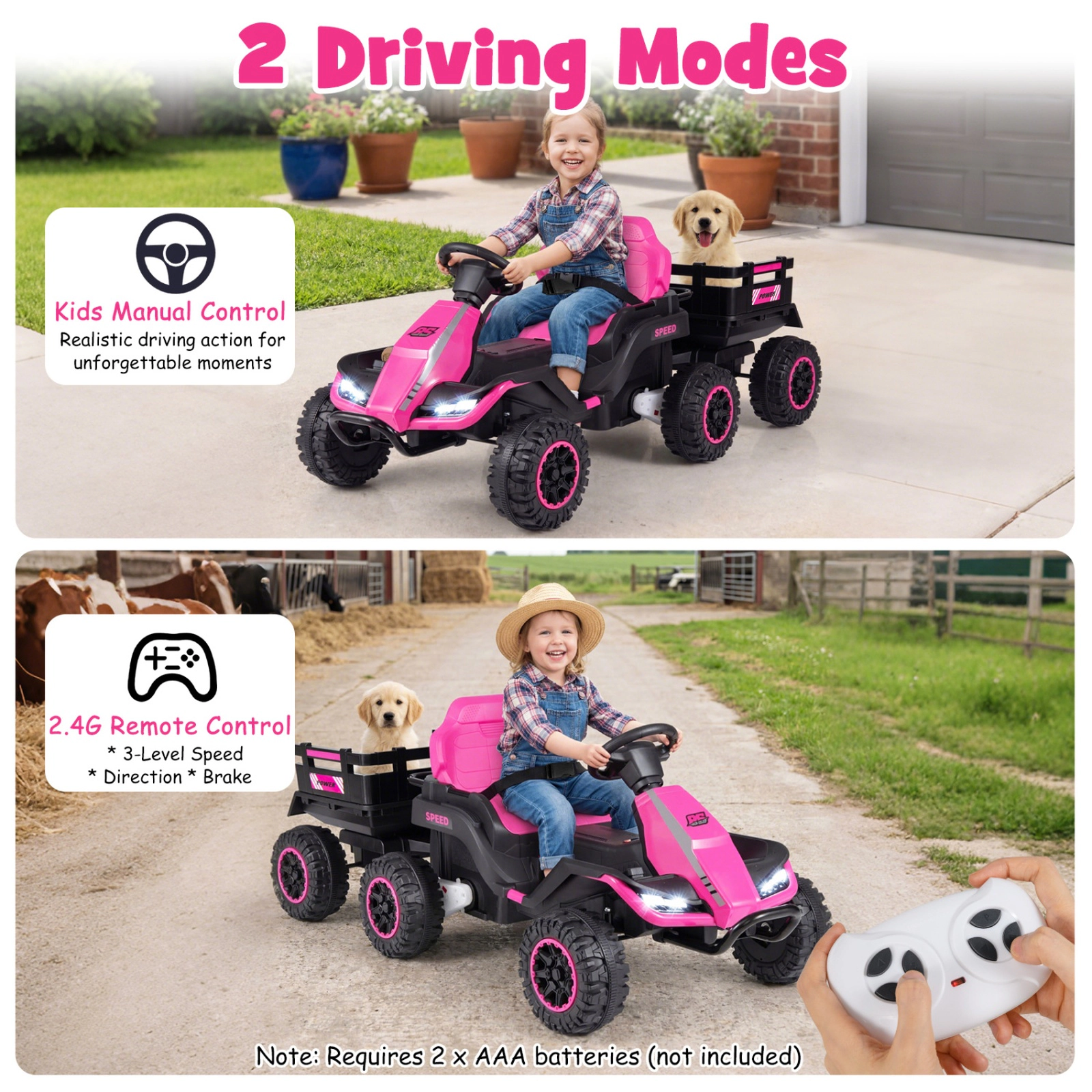 SUGIFT 24V Ride On Tractor with Detachable Trailer and Music 66-lb Capacity Ages 3+ 60-in Ride-On Car Pink