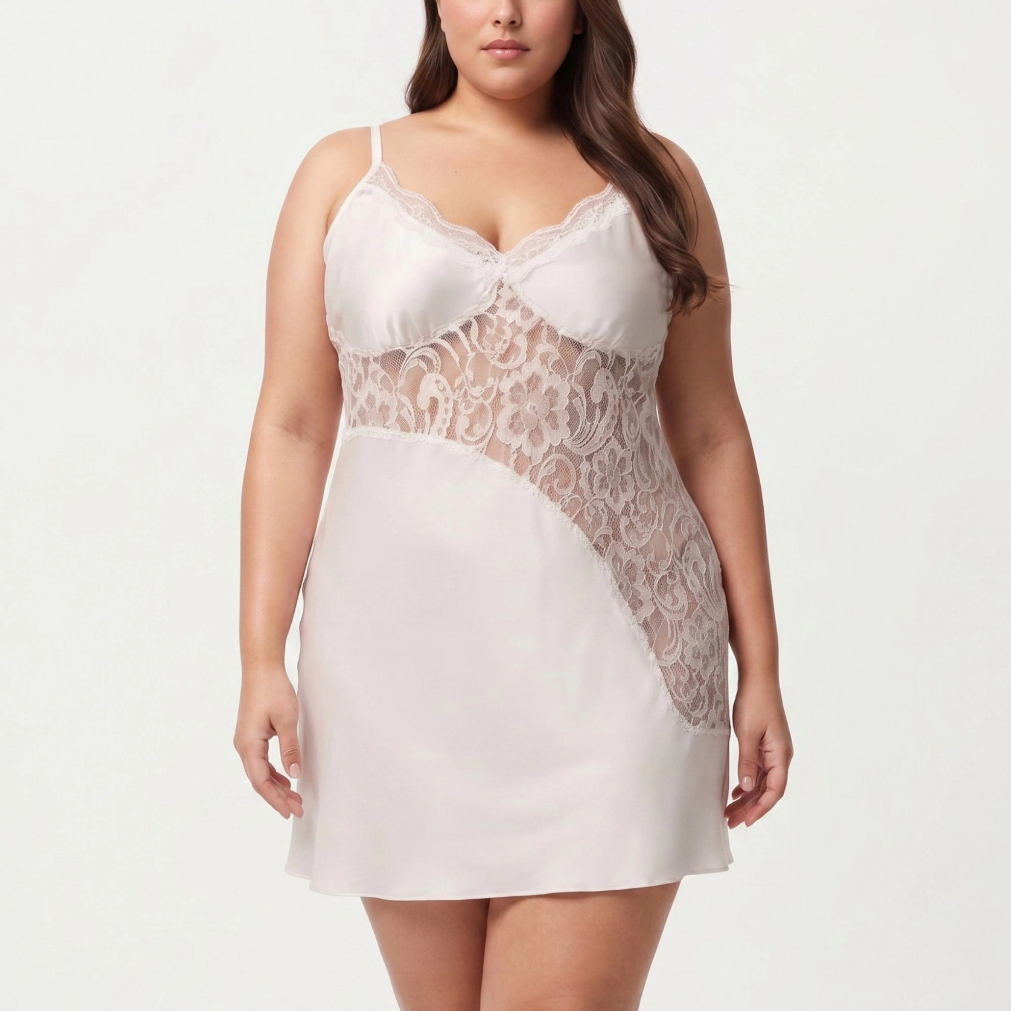Anna-Kaci Women's Plus Lace Panel Chemise Slip Dress Adjustable Strap Sleepwear