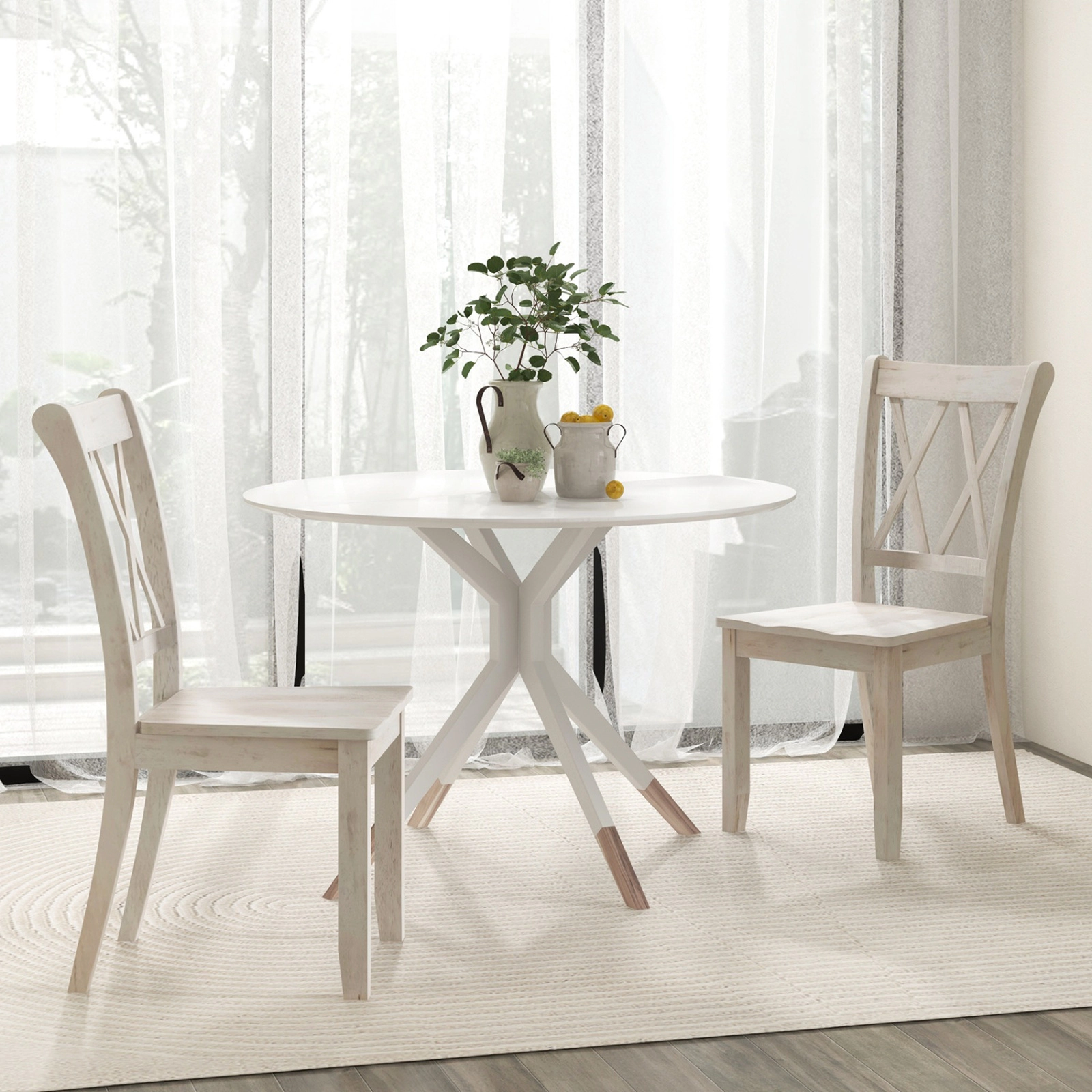 SUGIFT Set of 2 White Solid Rubber Wood Farmhouse Dining Chairs with Double X-Back