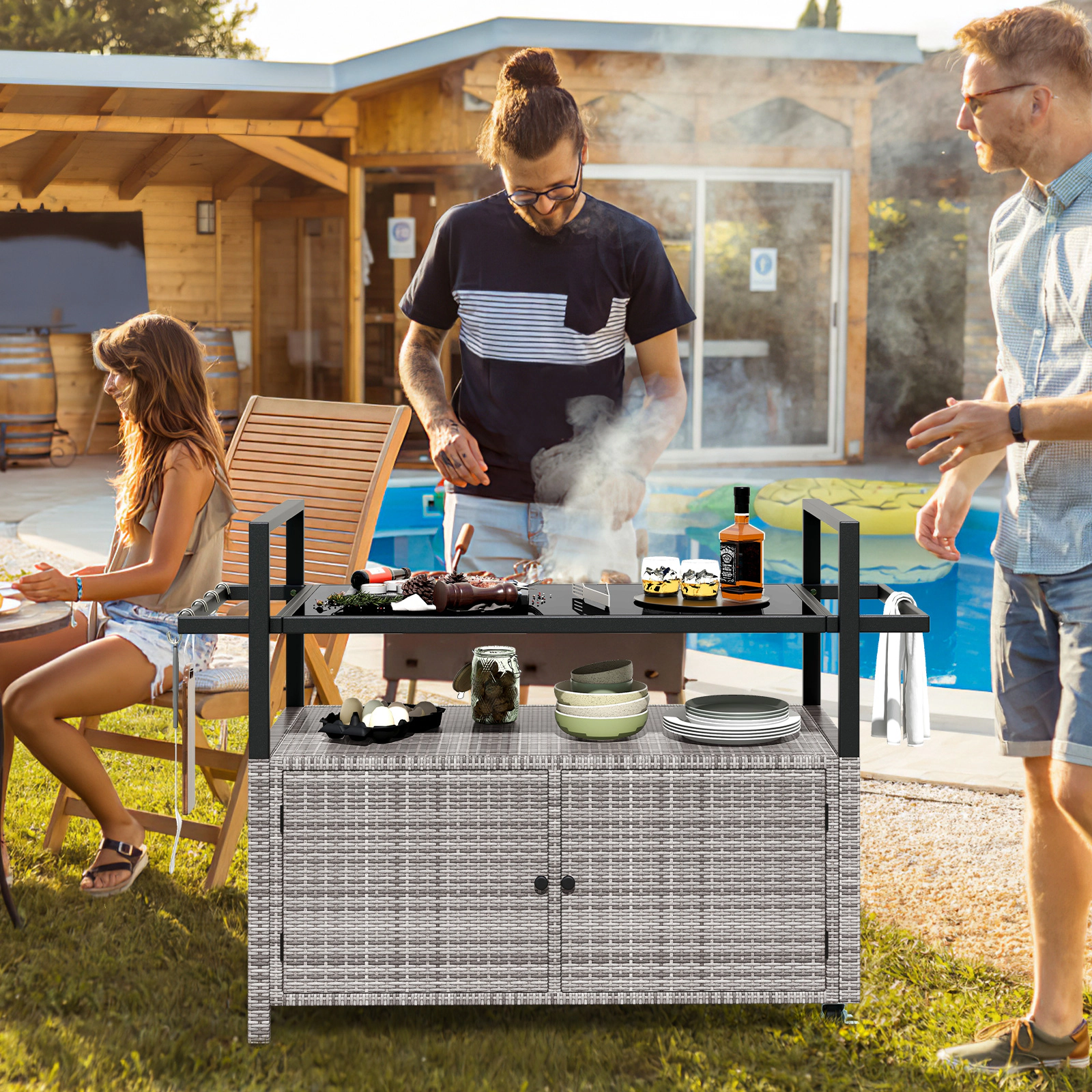 SUGIFT 51-in Wicker Outdoor Bar Cart with Tempered Glass Top 2-Door Cabinet and 8 Removable Hooks