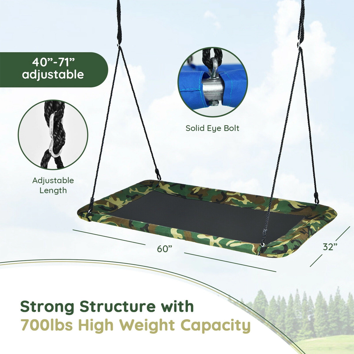 SUGIFT 700 lb Giant Platform Tree Swing, 60 x 32 in, Adjustable Height, Camouflage