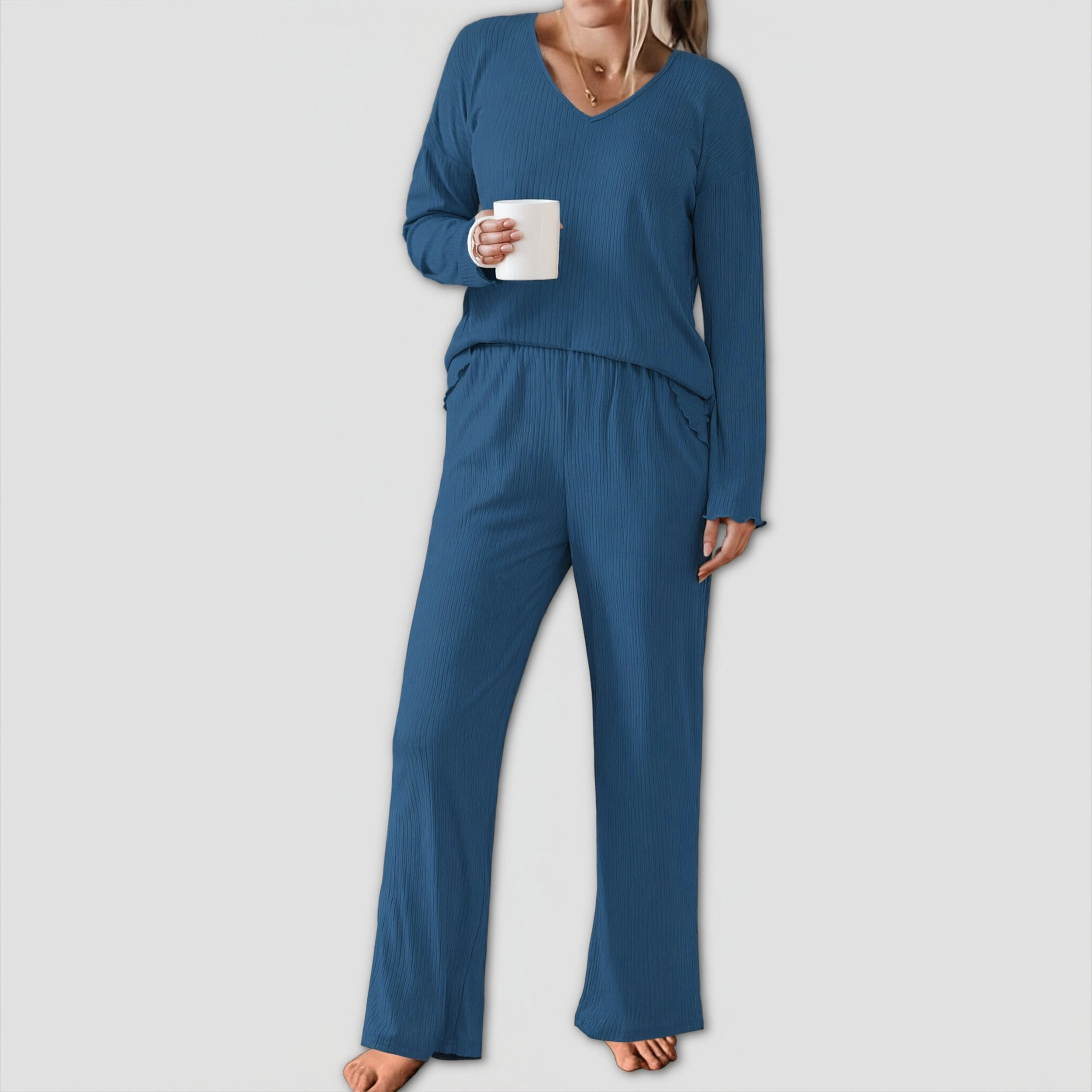 Ekouaer Womens Pajama Set Ribbed Knit Pajamas Two Piece Lounge Long Sleeve Top and Pants