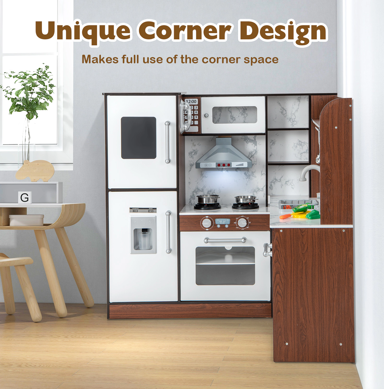 Wooden Corner Play Kitchen Water Circulation 360-Degree Faucet Ice Maker Plaid Curtains 40-in x 35-in x 38-in Brown