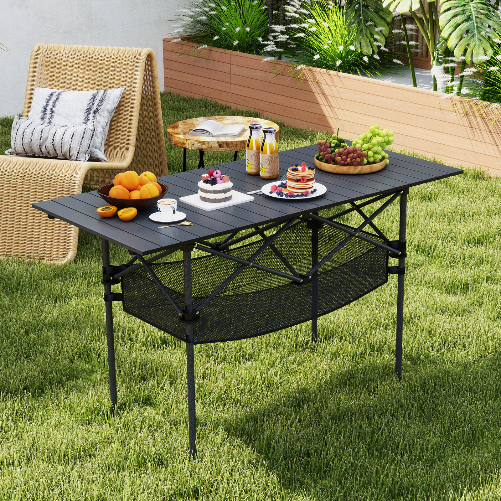 LJG Patio Folding Camping Table with Roll-up Tabletop and Mesh Basket