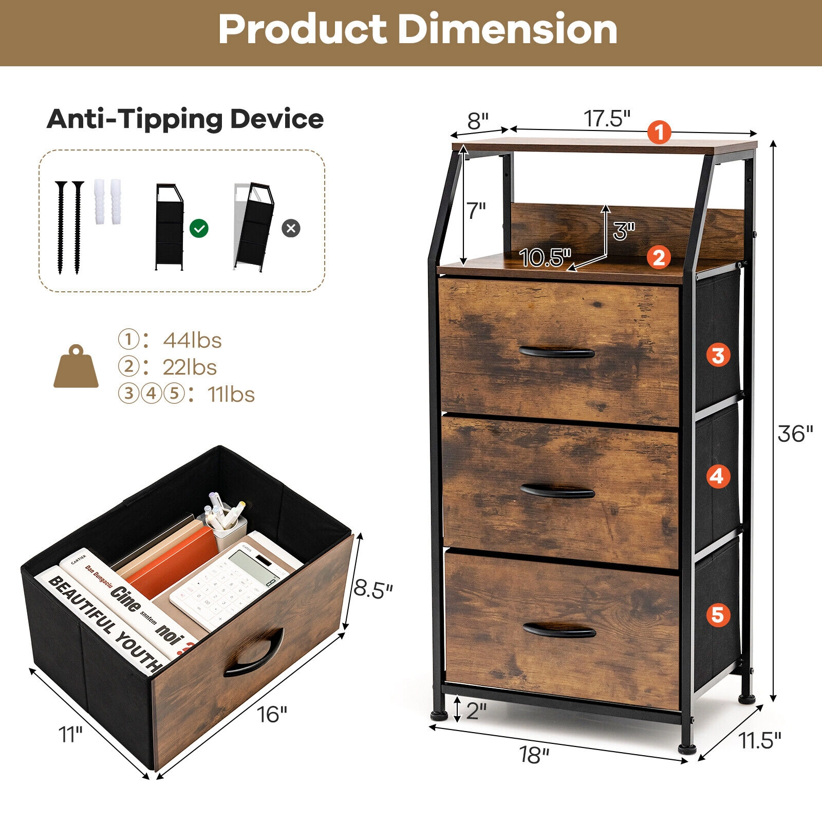 Glintex 36-Inch Narrow Dresser with Top Shelf and Folding Fabric Drawers, Rustic Brown