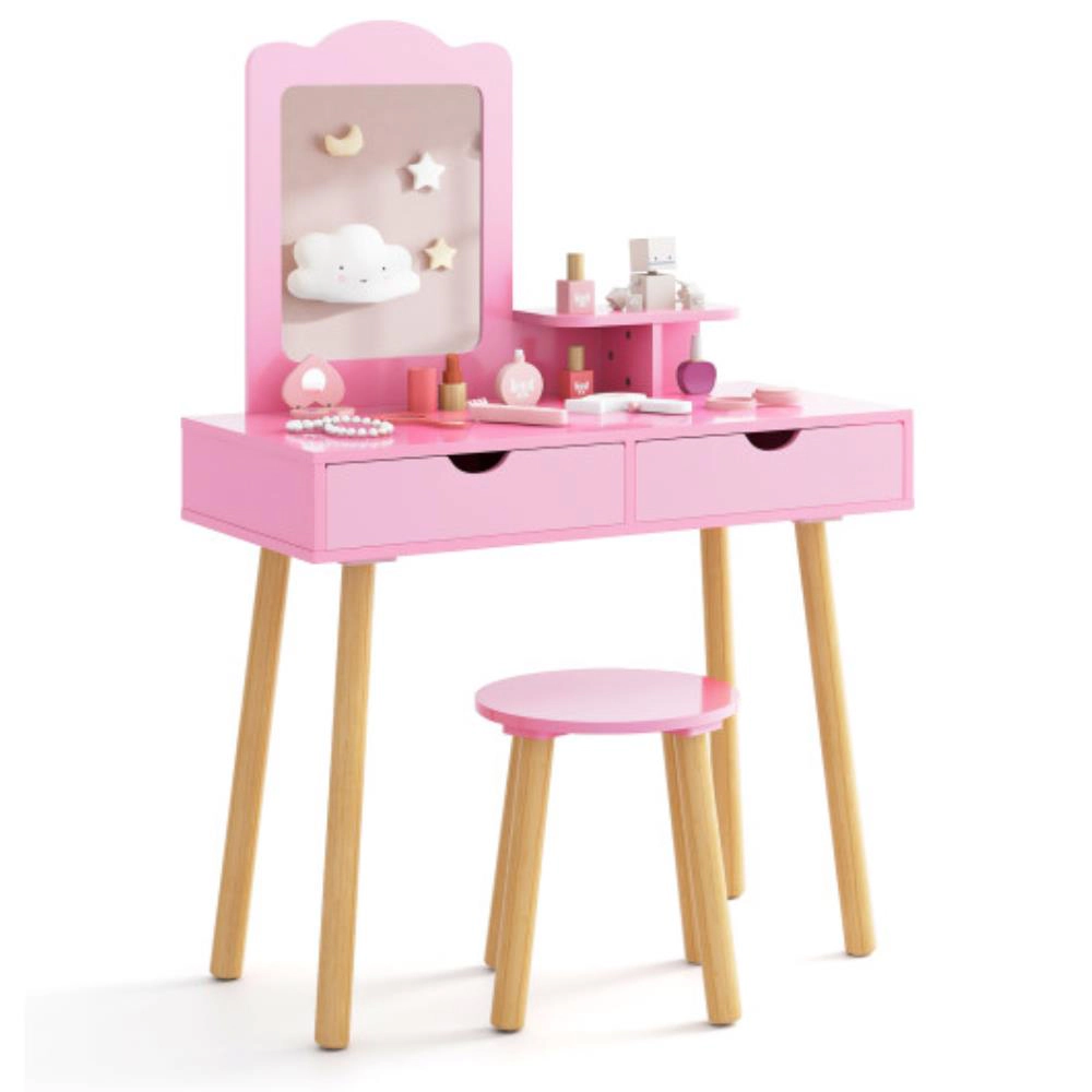 Hivvago Kid Vanity Table Chair Set With Mirror And 2 Large Storage Drawers