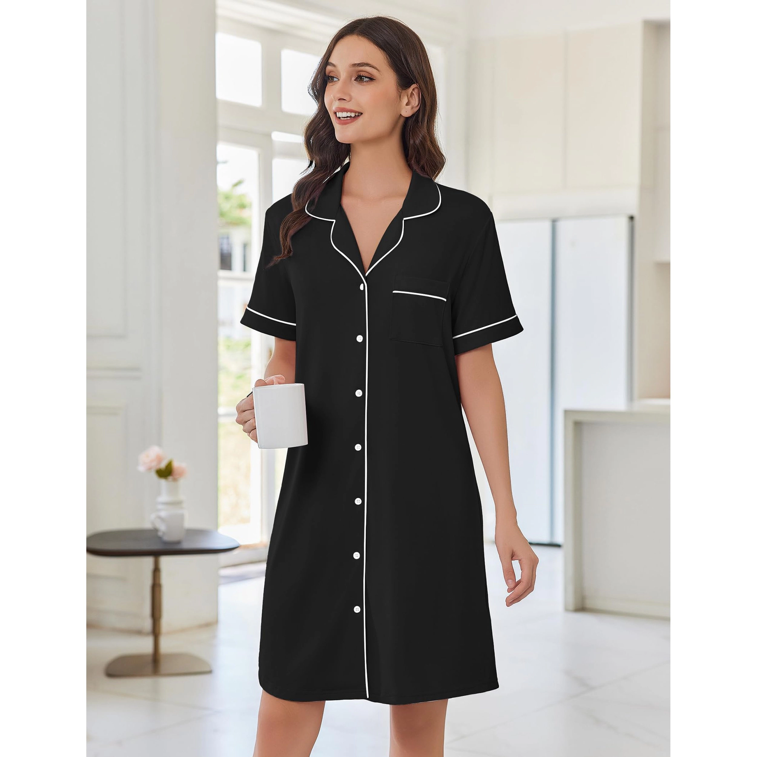 Ekouaer Nightgowns for Women Button Down Sleep Shirts Short Sleeve Nightshirt Classic Pajama Dress