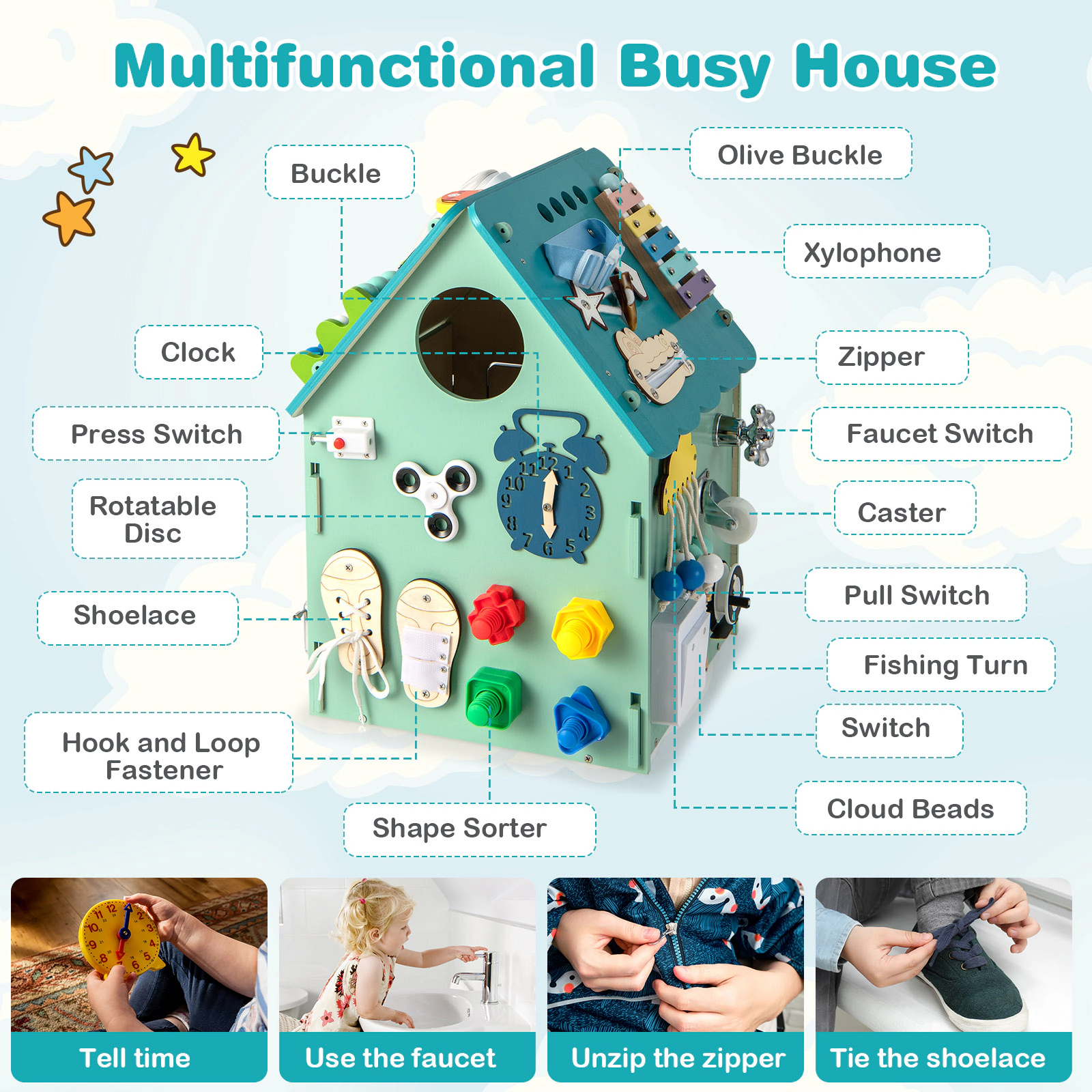SUGIFT Blue Sensory Games and Interior Storage Space Kids Montessori Play House